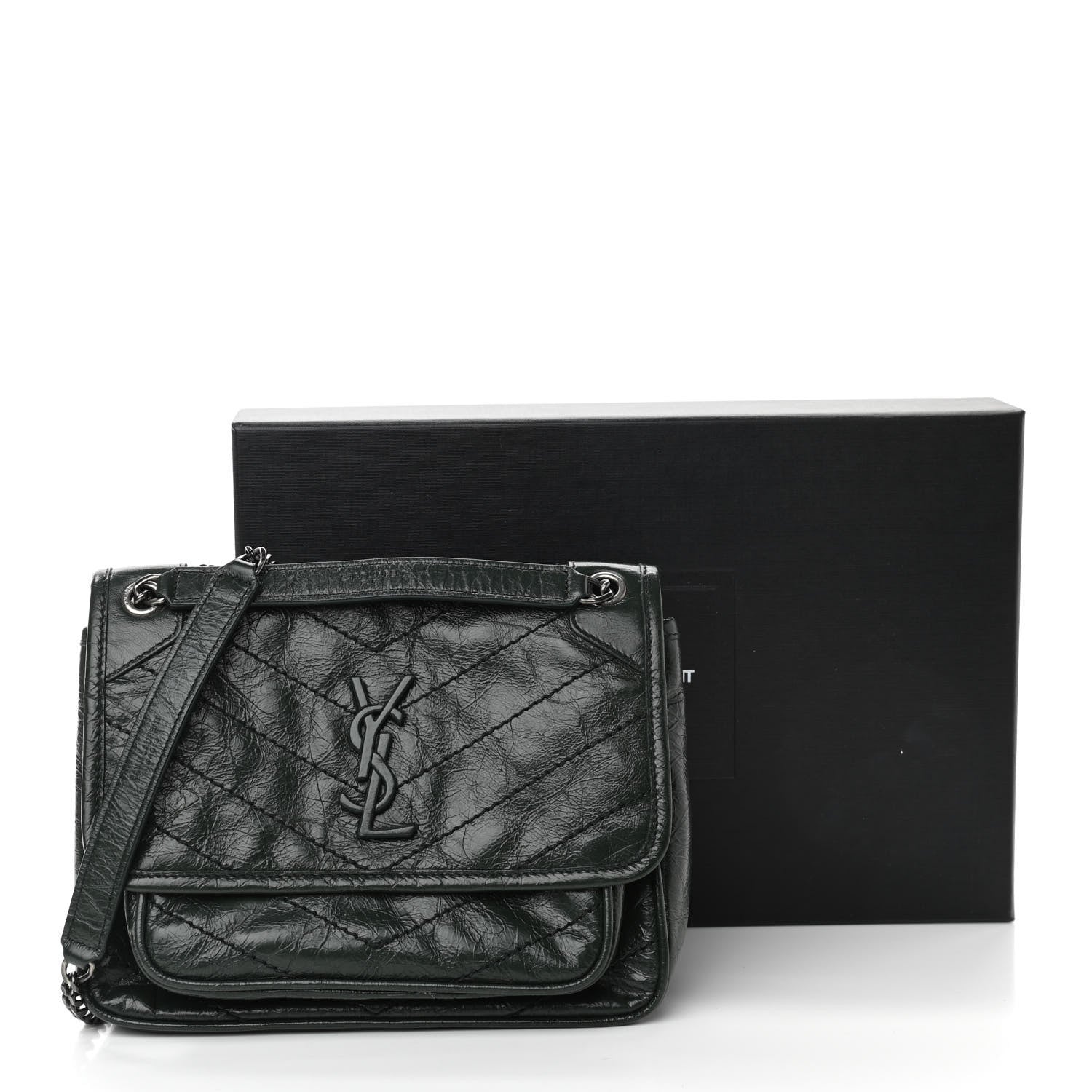 Saint Laurent Crinkled Calfskin Matelasse Monogram Baby Niki Chain Satchel Dark Green 11 of 11