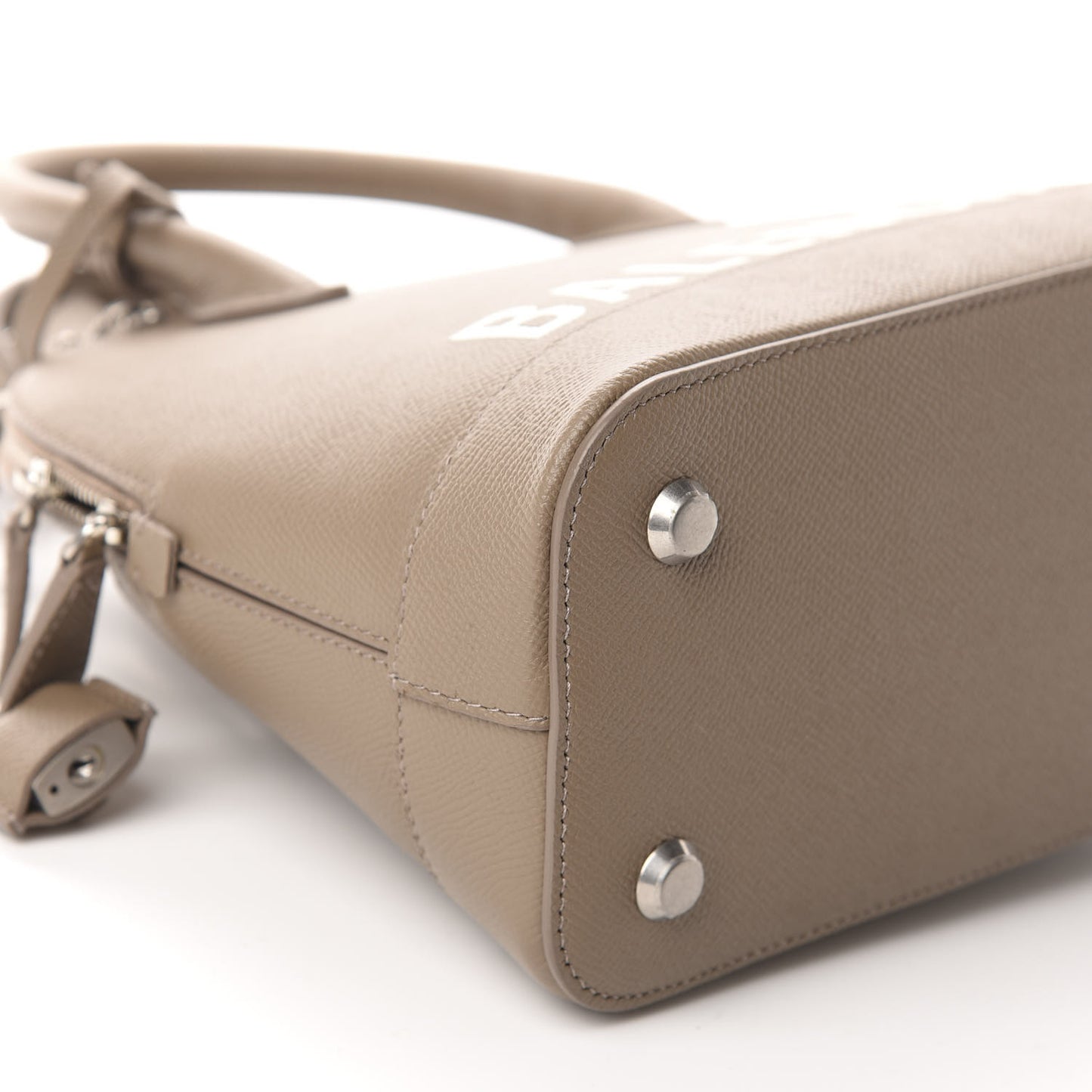 Signature Grained Calfskin Logo S Ville Top Handle Bag Mink Grey White