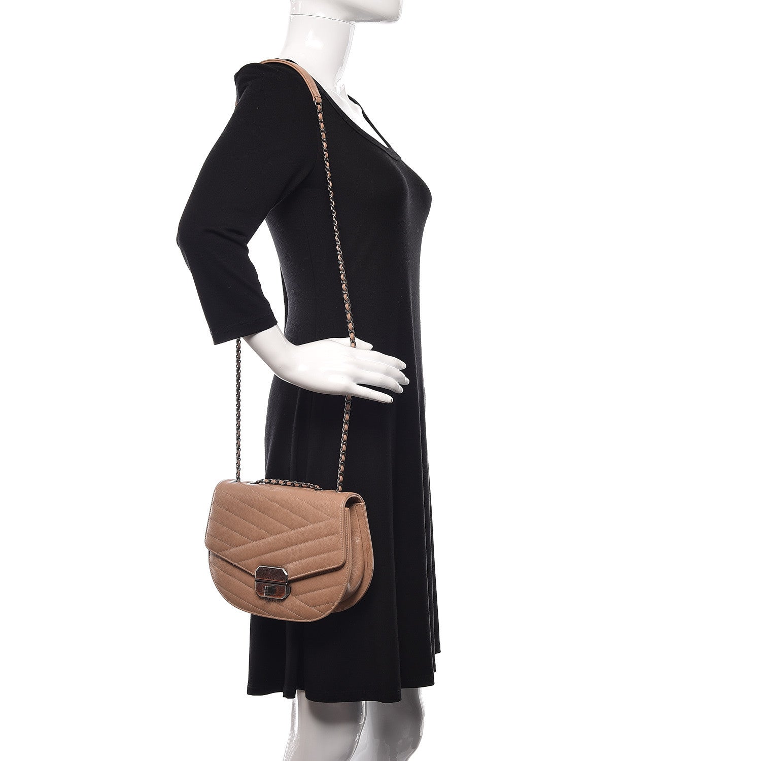 Chanel Shiny Goatskin Chevron Quilted Round Gabrielle Flap Beige 2 of 11