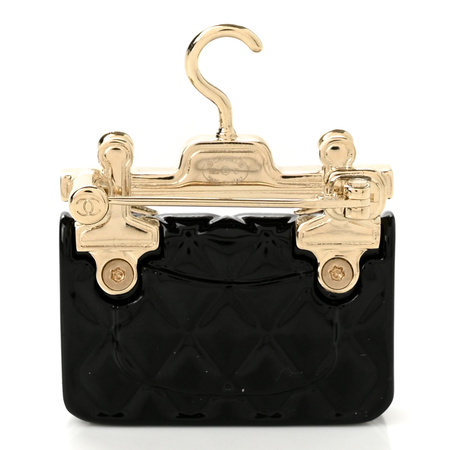 Metal Enamel Quilted Flap Hanger Brooch Gold Black