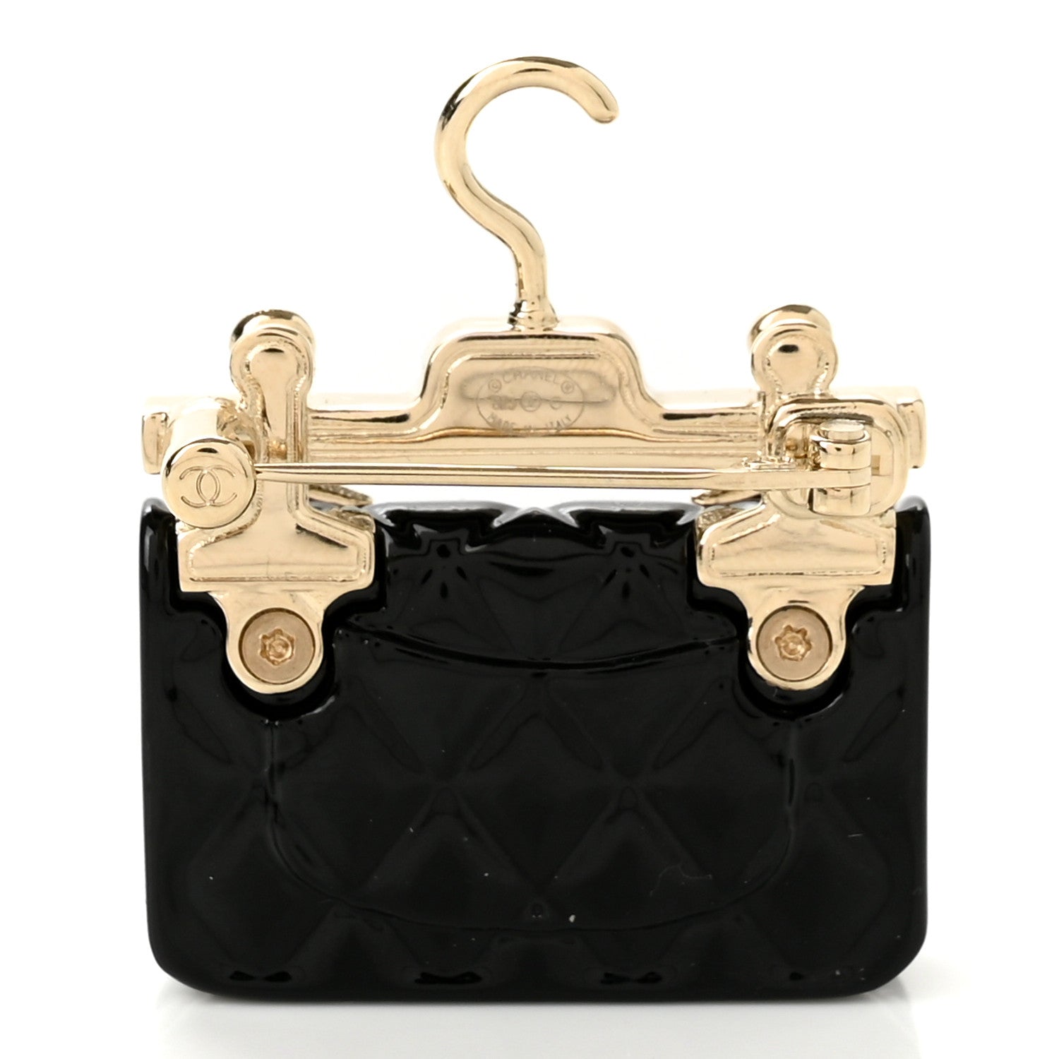 Chanel Metal Enamel Quilted Flap Hanger Brooch Gold Black 3 of 5