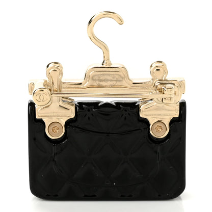 Chanel Metal Enamel Quilted Flap Hanger Brooch Gold Black 3 of 5