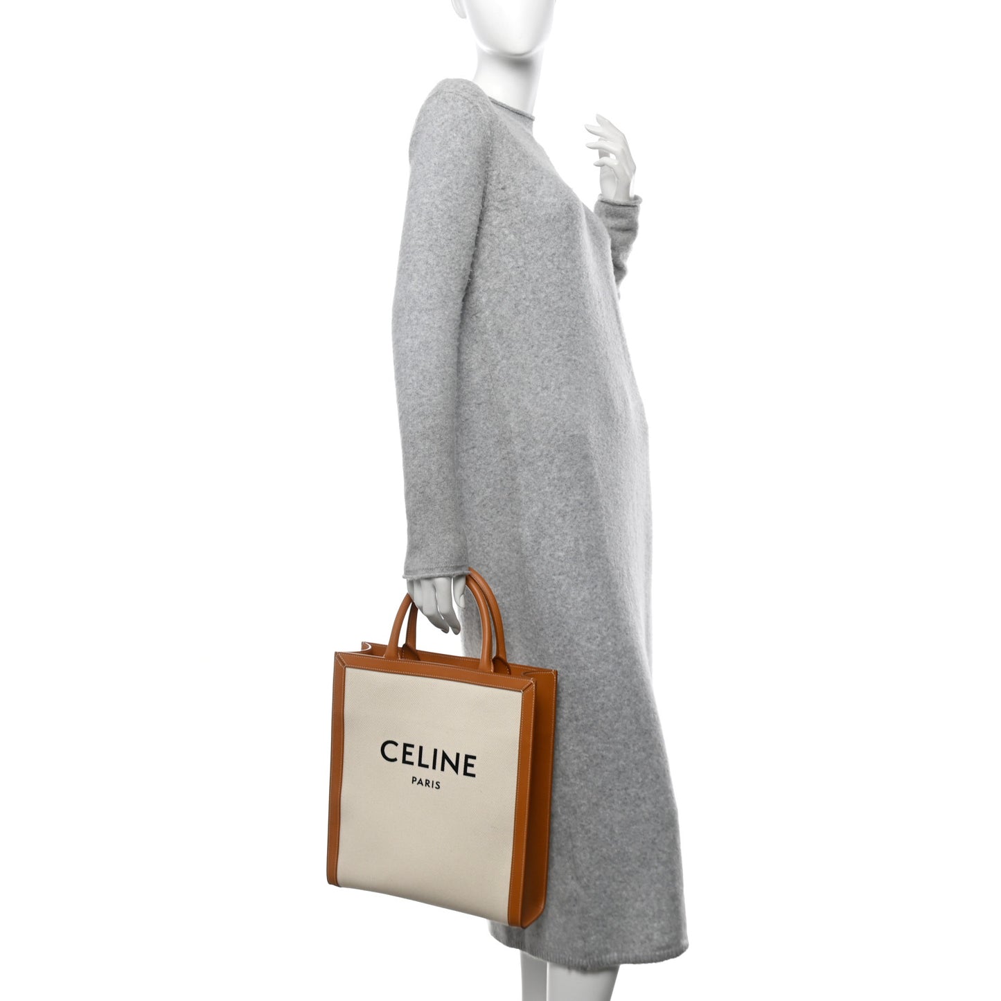 Canvas Calfskin Logo Print Small Vertical Cabas Natural Tan