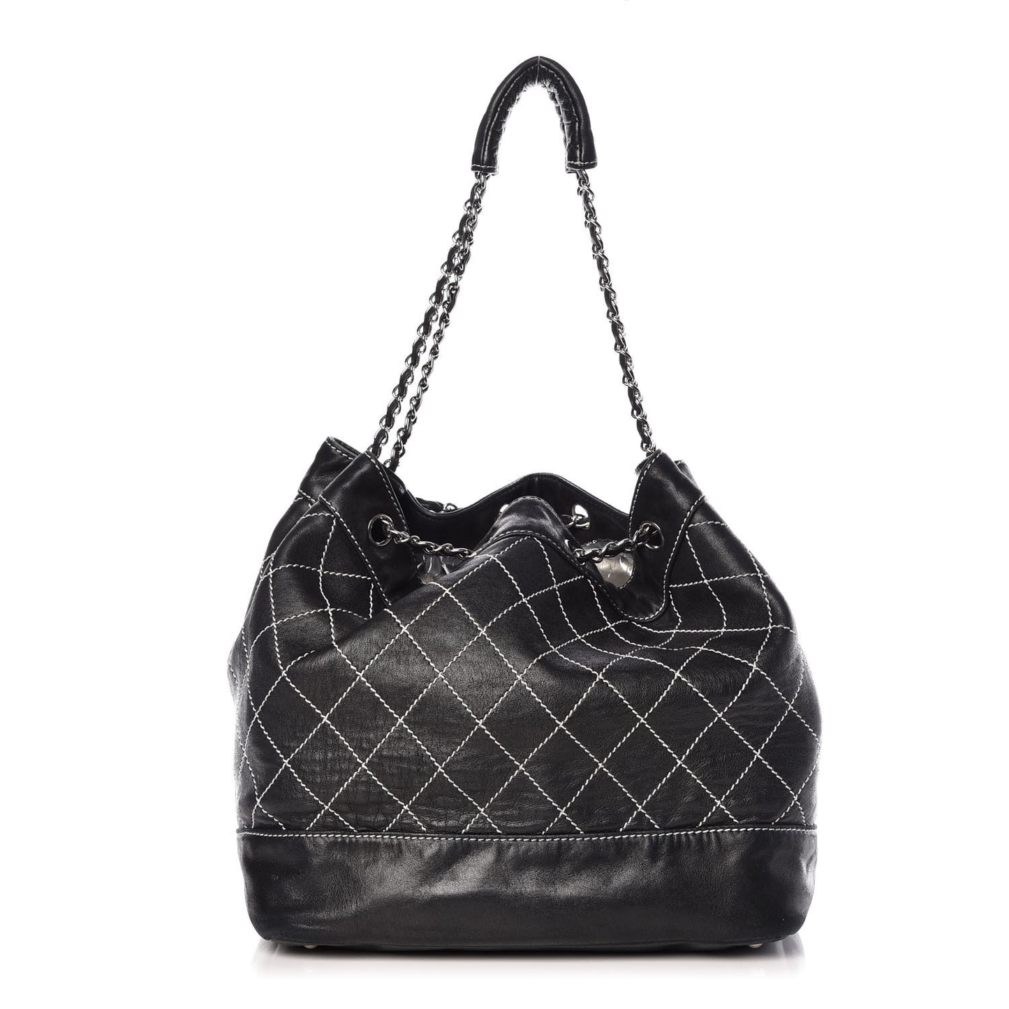 Lambskin Contrast Stitch Large Drawstring Tote Black