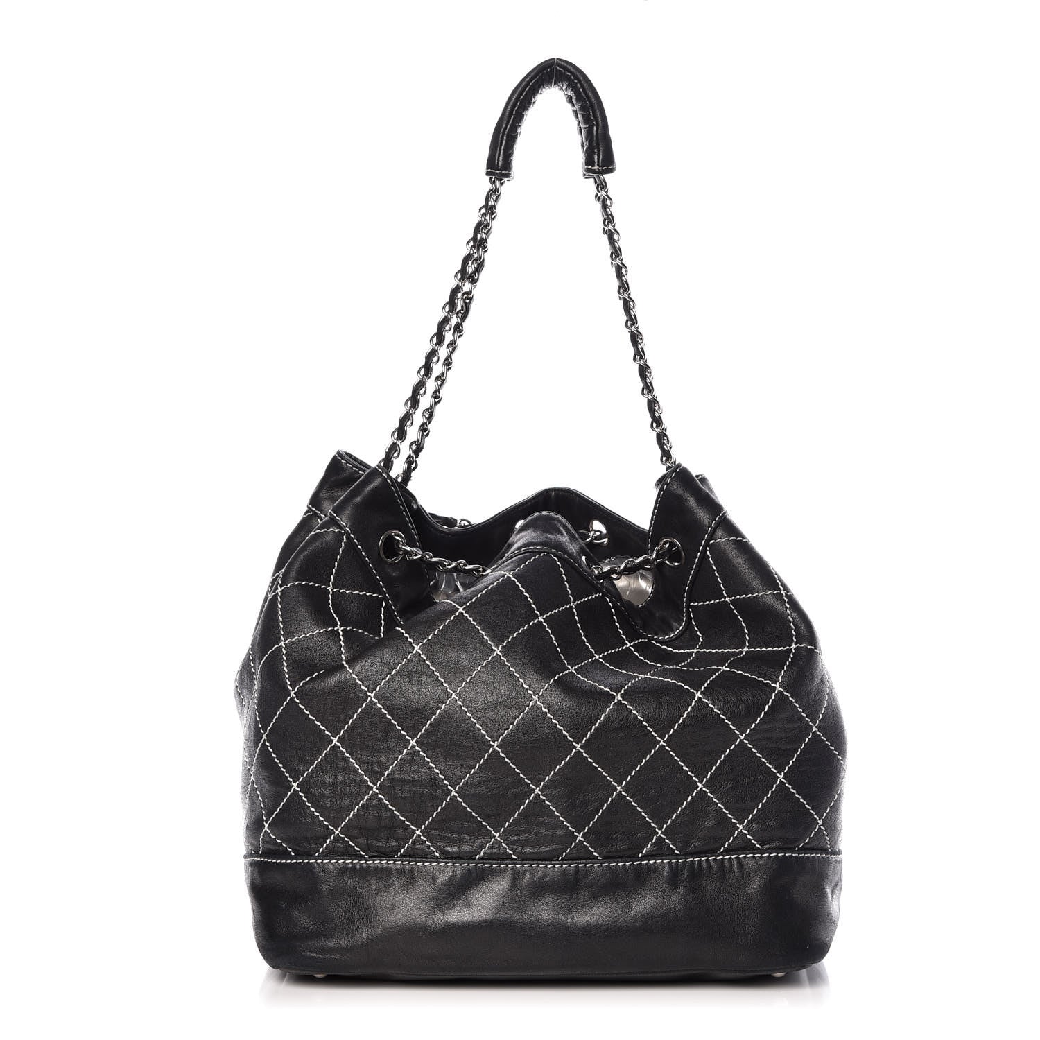 Chanel Lambskin Contrast Stitch Large Drawstring Tote Black 1 of 17