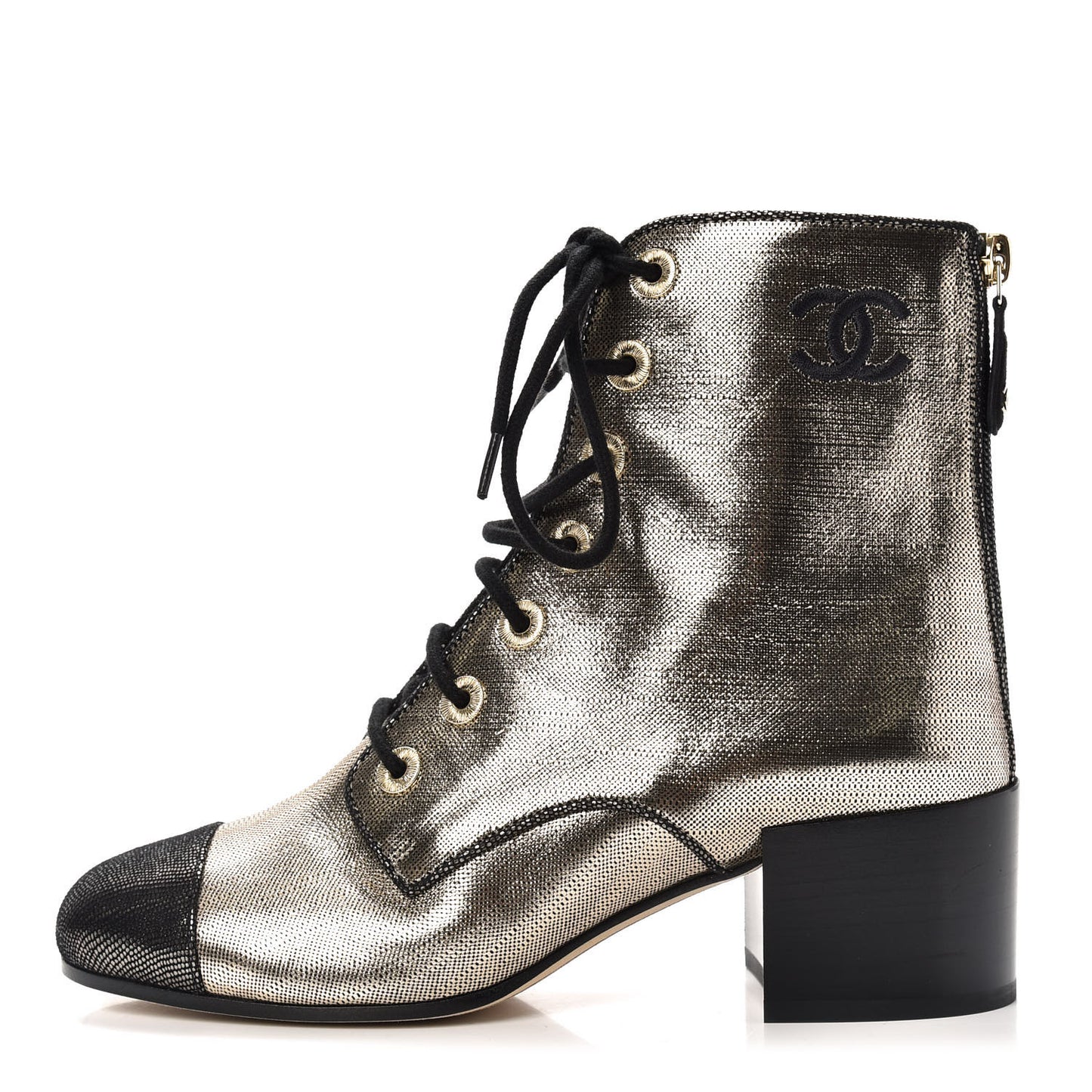 Laminated Calfskin CC Lace Up Short Boots 35.5 Gold Silver