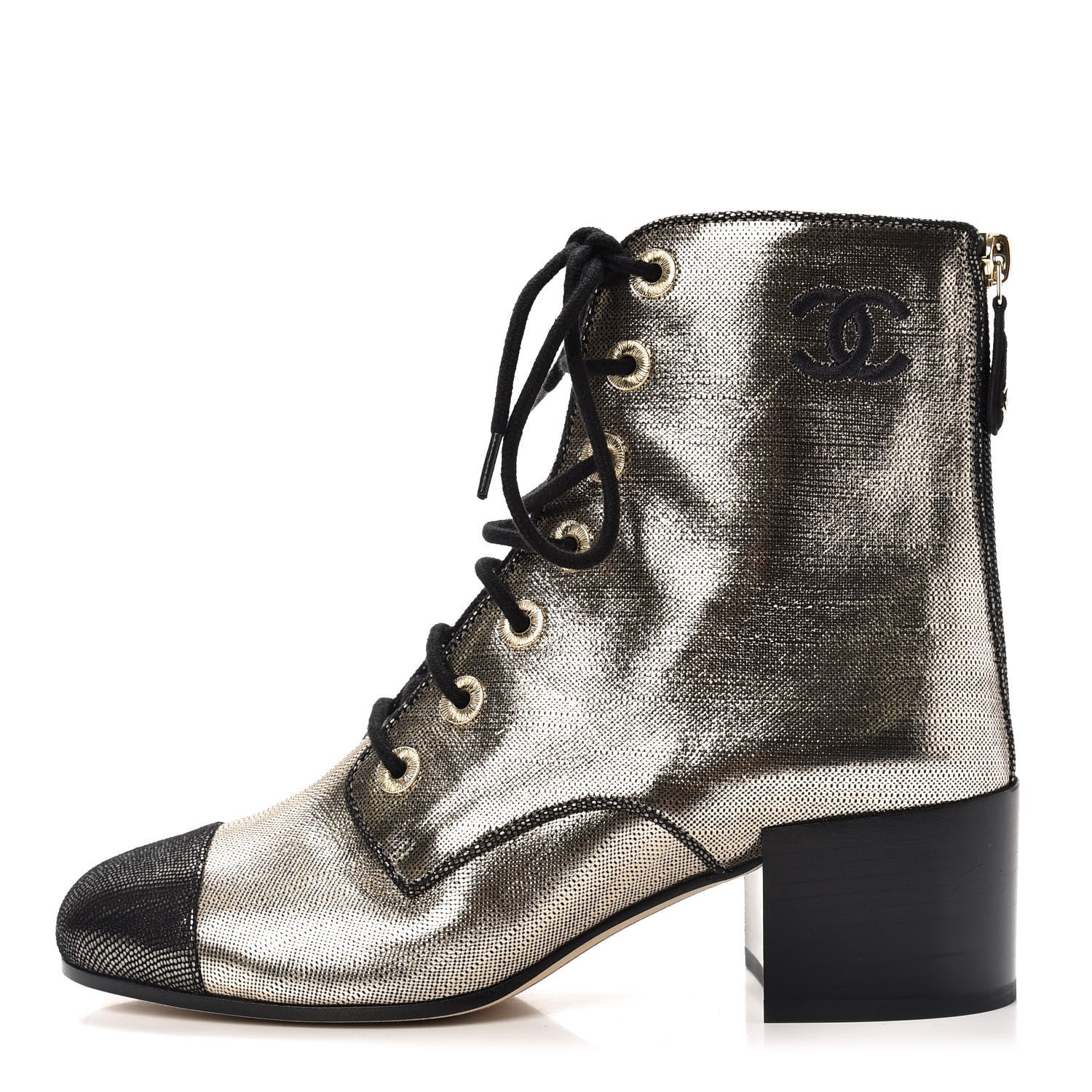 Chanel Laminated Calfskin CC Lace Up Short Boots 35.5 Gold Silver 1 of 10