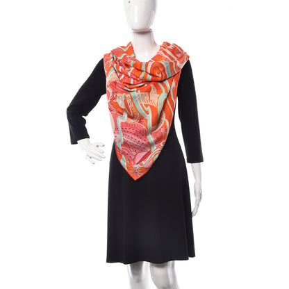 Hermes Cashmere Silk De La Mer Au Ciel Shawl 140 Orange Vert Corail 2 of 9