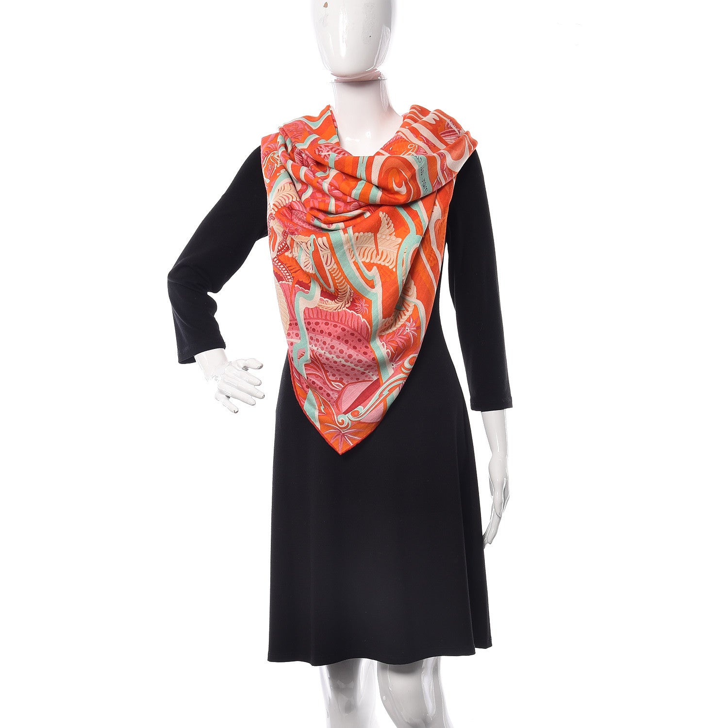 Hermes Cashmere Silk De La Mer Au Ciel Shawl 140 Orange Vert Corail 2 of 9