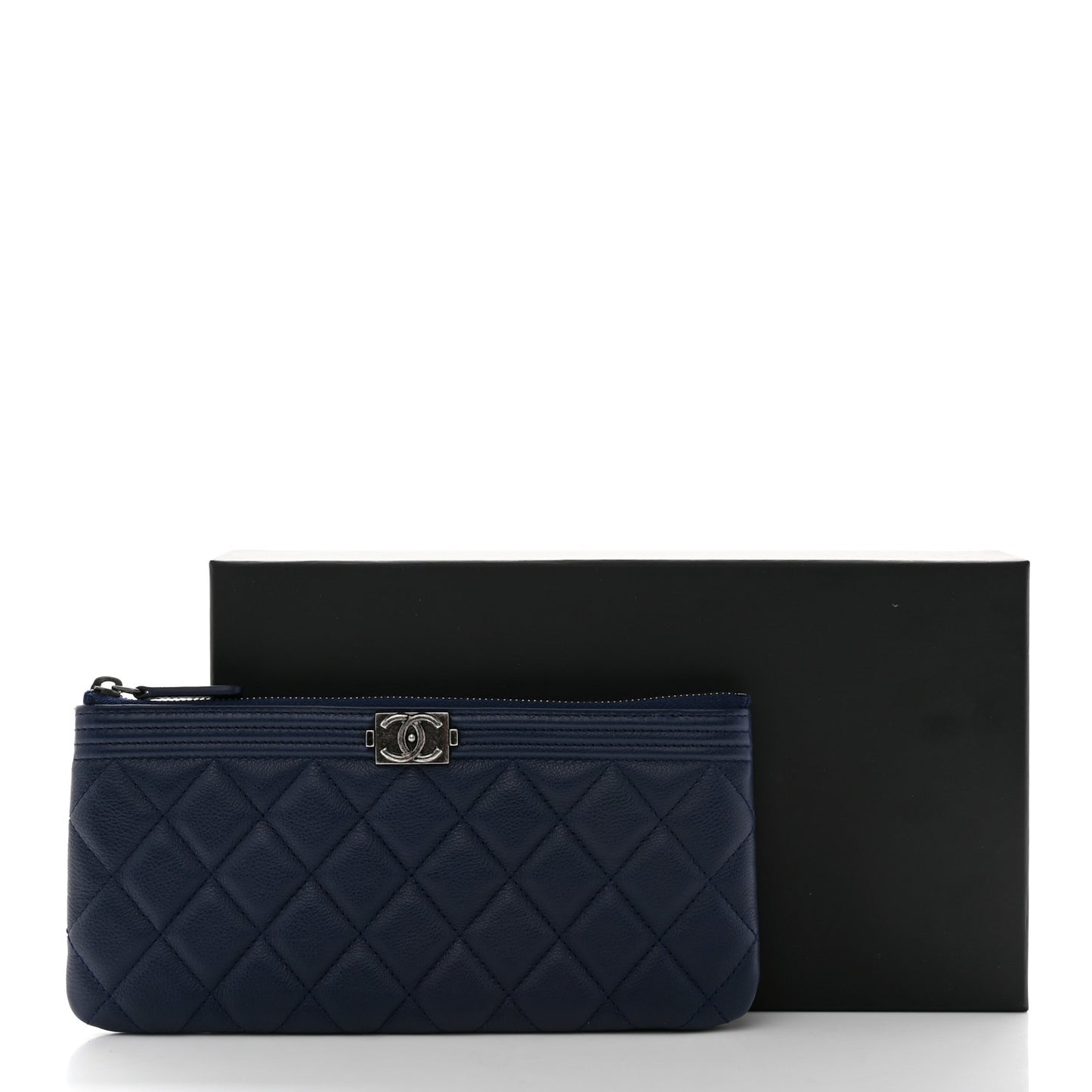 Lambskin Quilted Small Boy Zipped Pouch Navy