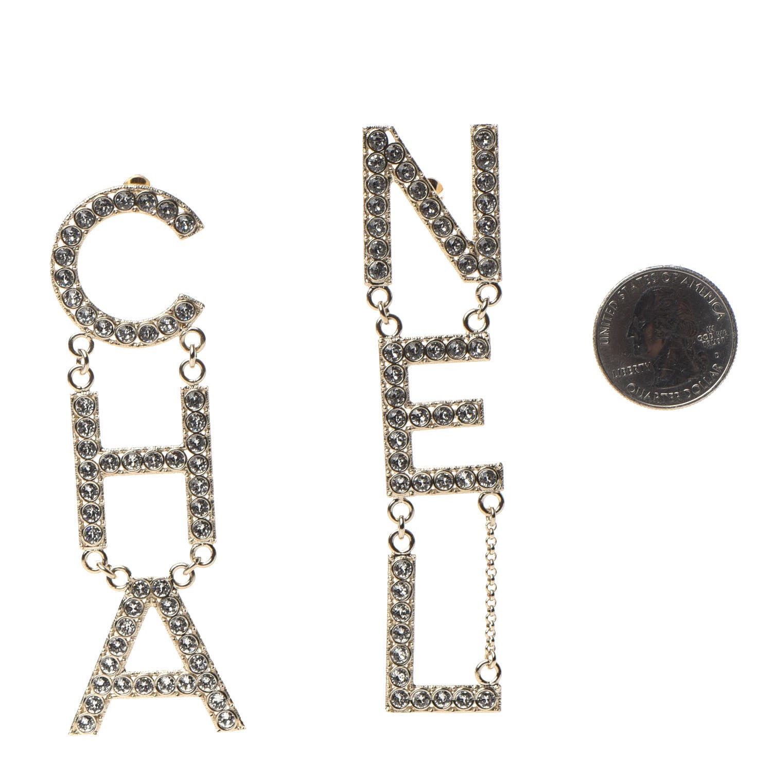Chanel Crystal Cha-Nel Logo Drop Earrings Gold 2 of 4