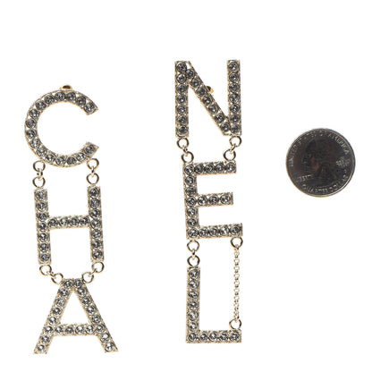 Chanel Crystal Cha-Nel Logo Drop Earrings Gold 2 of 4