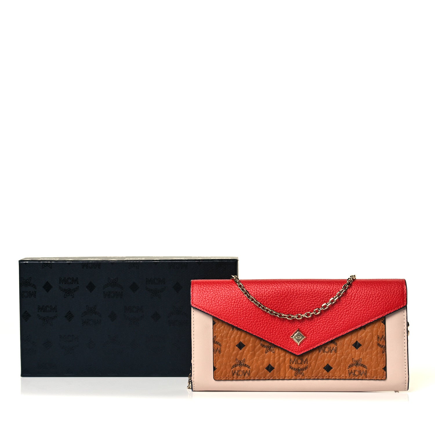 MCM Calfskin Visetos Monogram Love Letter Color Block Wallet On Chain Cognac Red 7 of 7