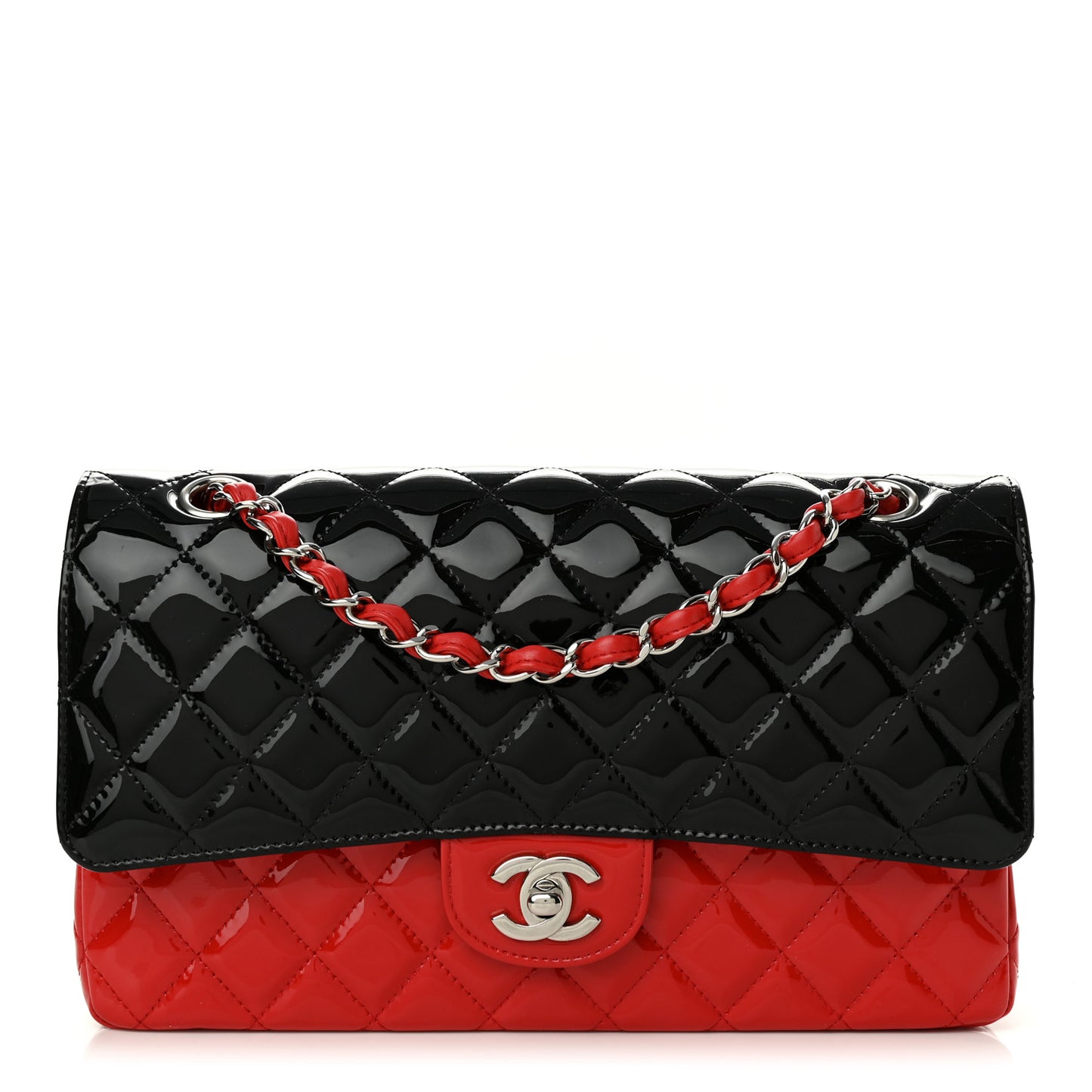 Patent Calfskin Quilted Bi-Color Medium Double Flap Red Black