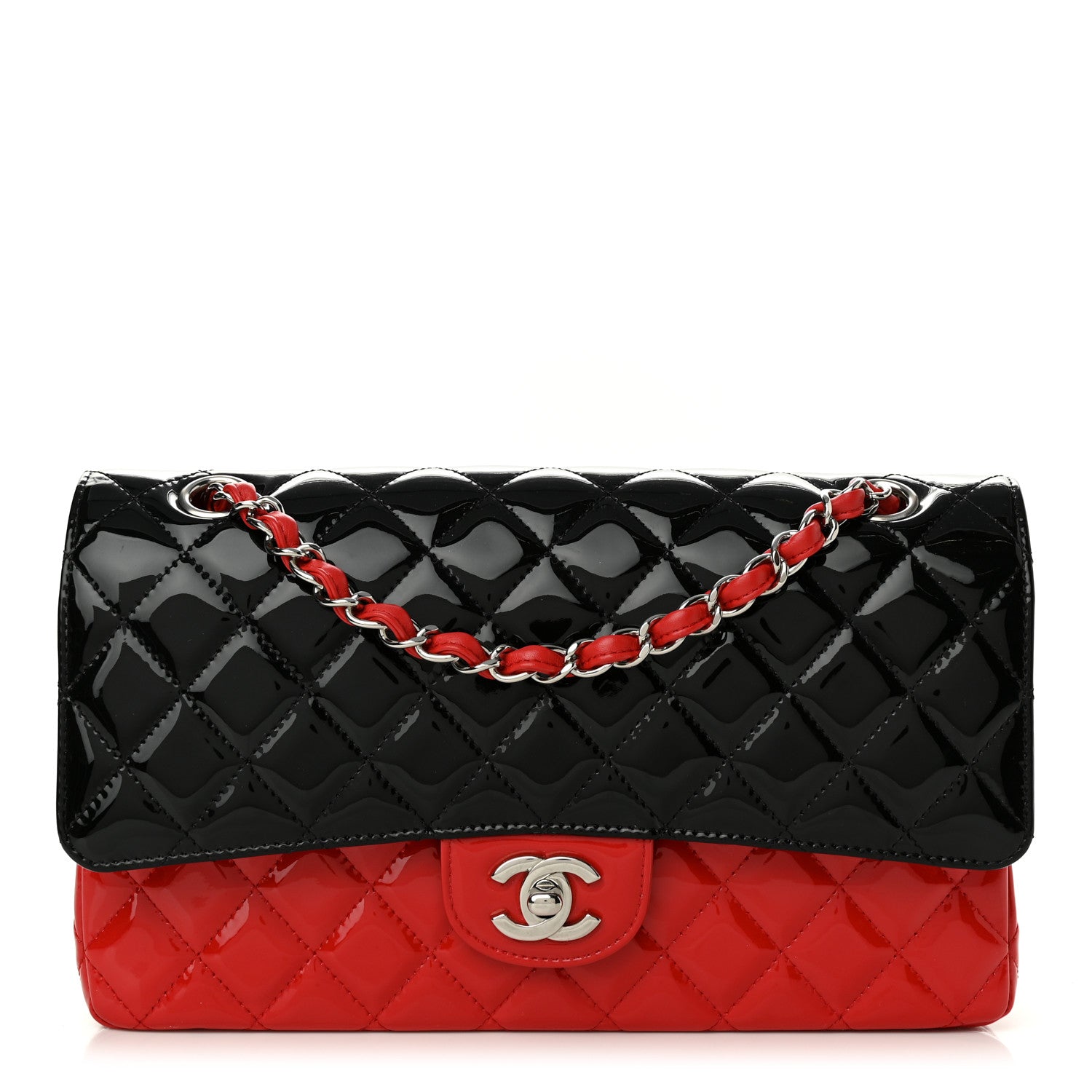 Chanel Patent Calfskin Quilted Bi-Color Medium Double Flap Red Black 1 of 10