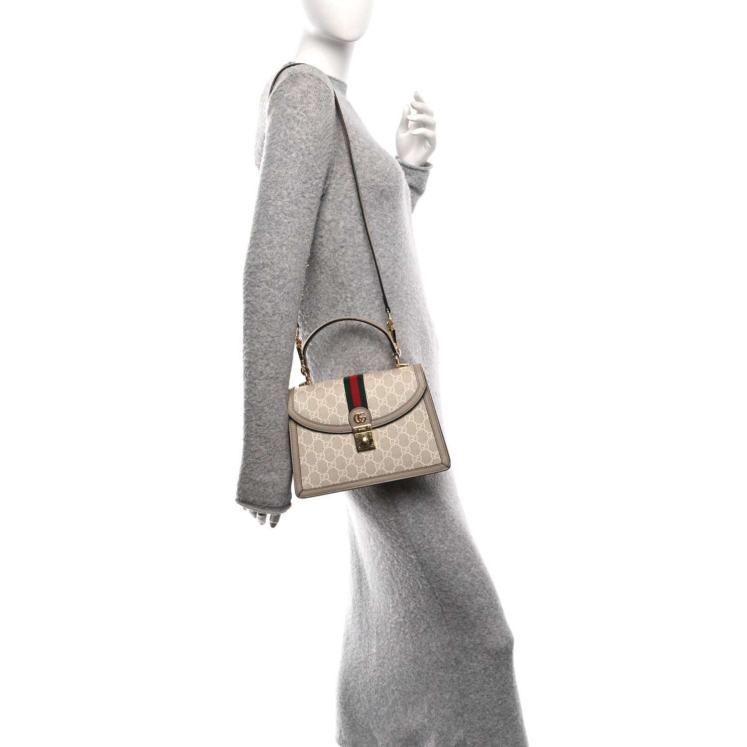 Gucci GG Supreme Monogram Textured Dollar Calfskin Web Small Ophidia Padlock Top Handle Bag Beige Mystic White Oatmeal 2 of 12