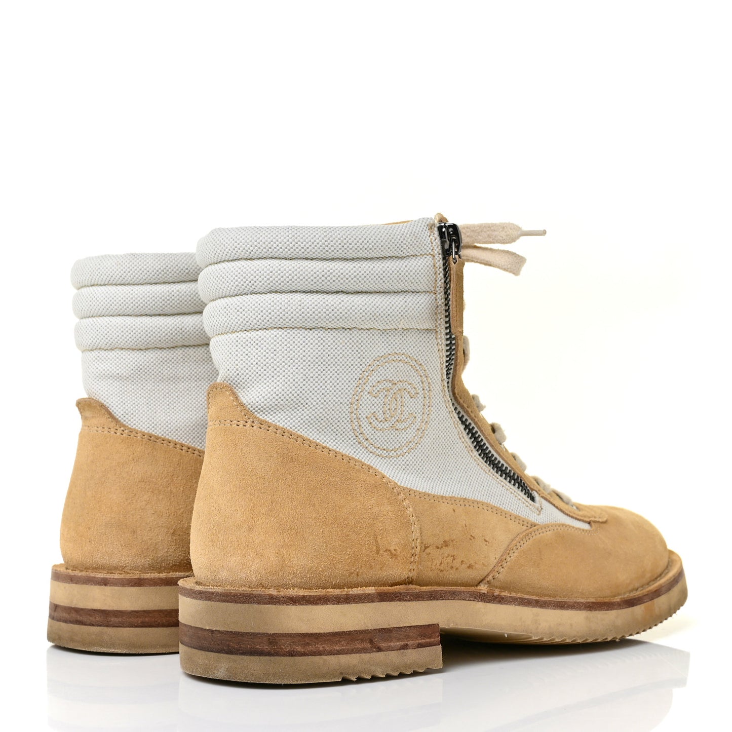 Toile Suede Calfskin CC Lace Up Short Boots 39 Light Beige
