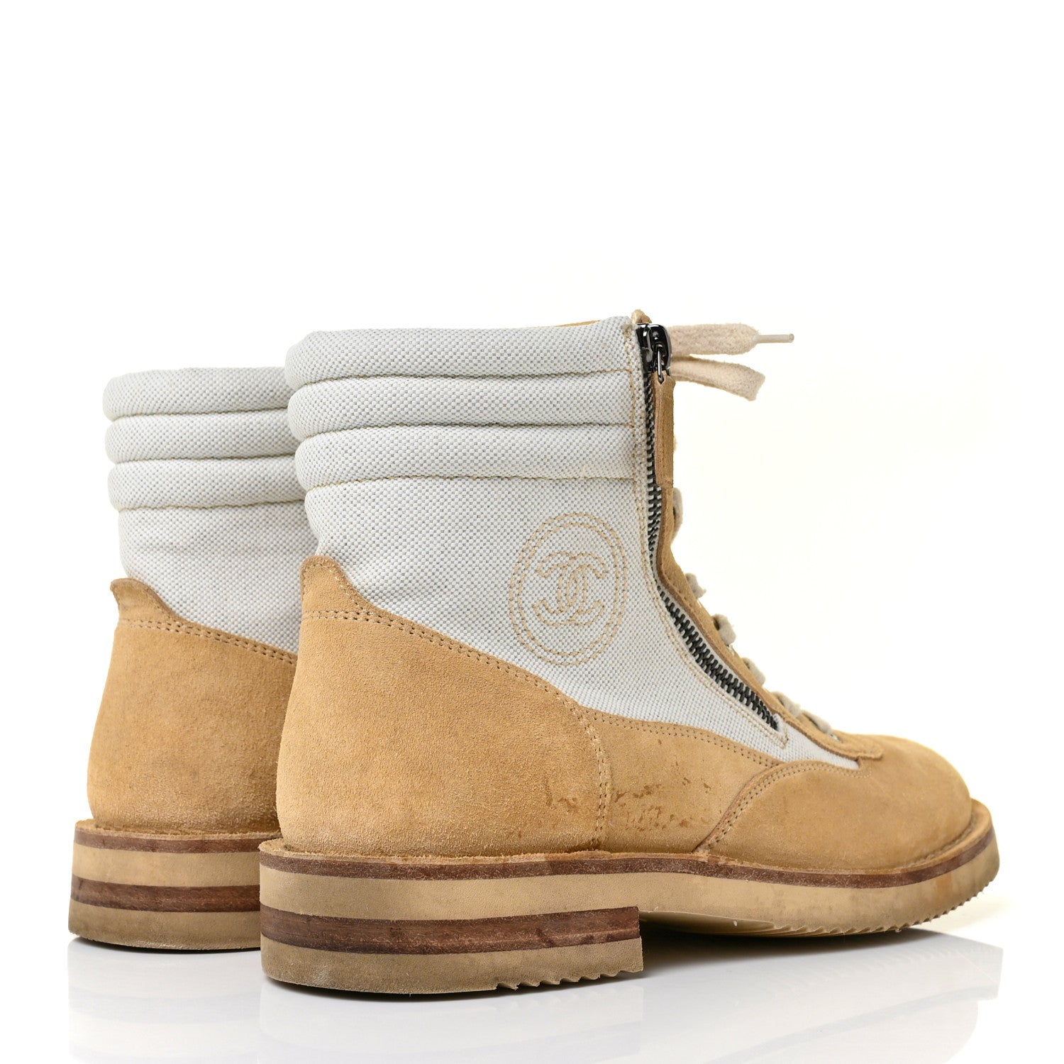 Chanel Toile Suede Calfskin CC Lace Up Short Boots 39 Light Beige 4 of 8