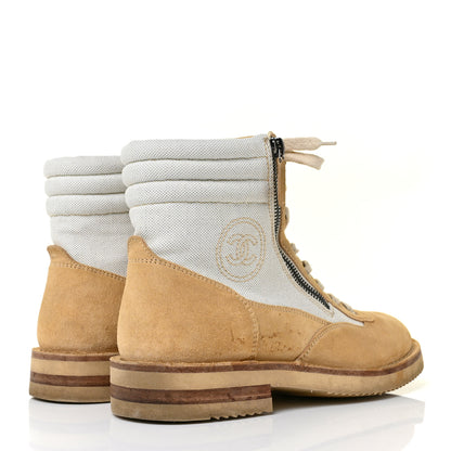 Chanel Toile Suede Calfskin CC Lace Up Short Boots 39 Light Beige 4 of 8