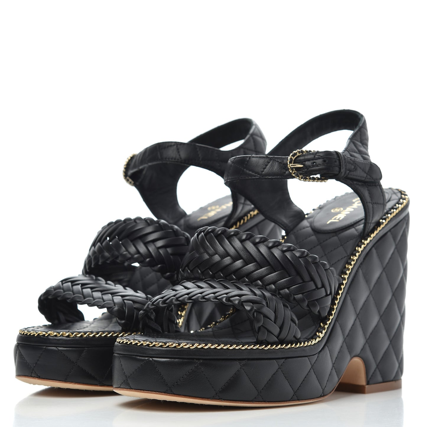 Calfskin Quilted Chain Around Wedge Sandals 39.5 Black