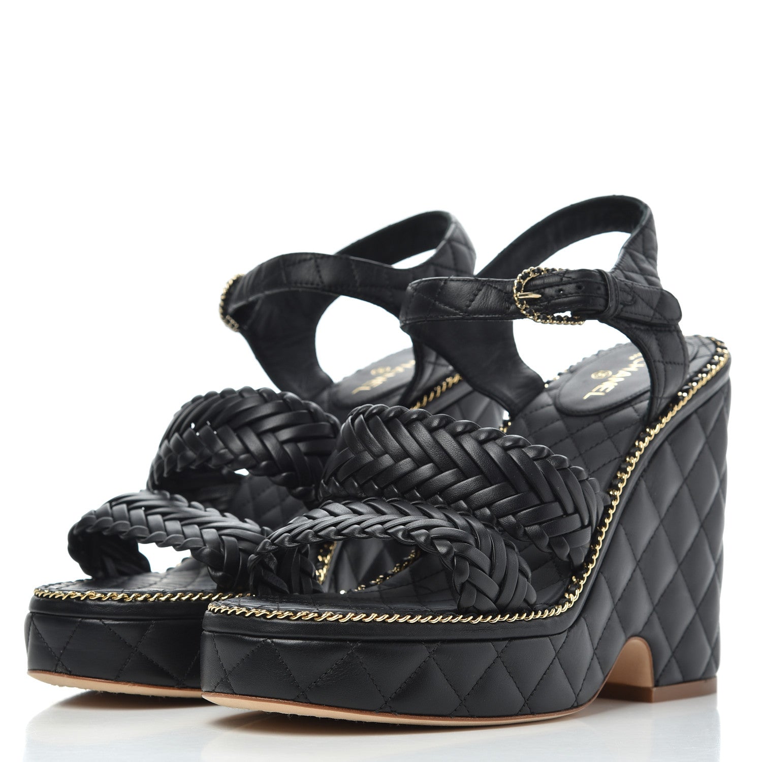 Chanel Calfskin Quilted Chain Around Wedge Sandals 39.5 Black 3 of 20