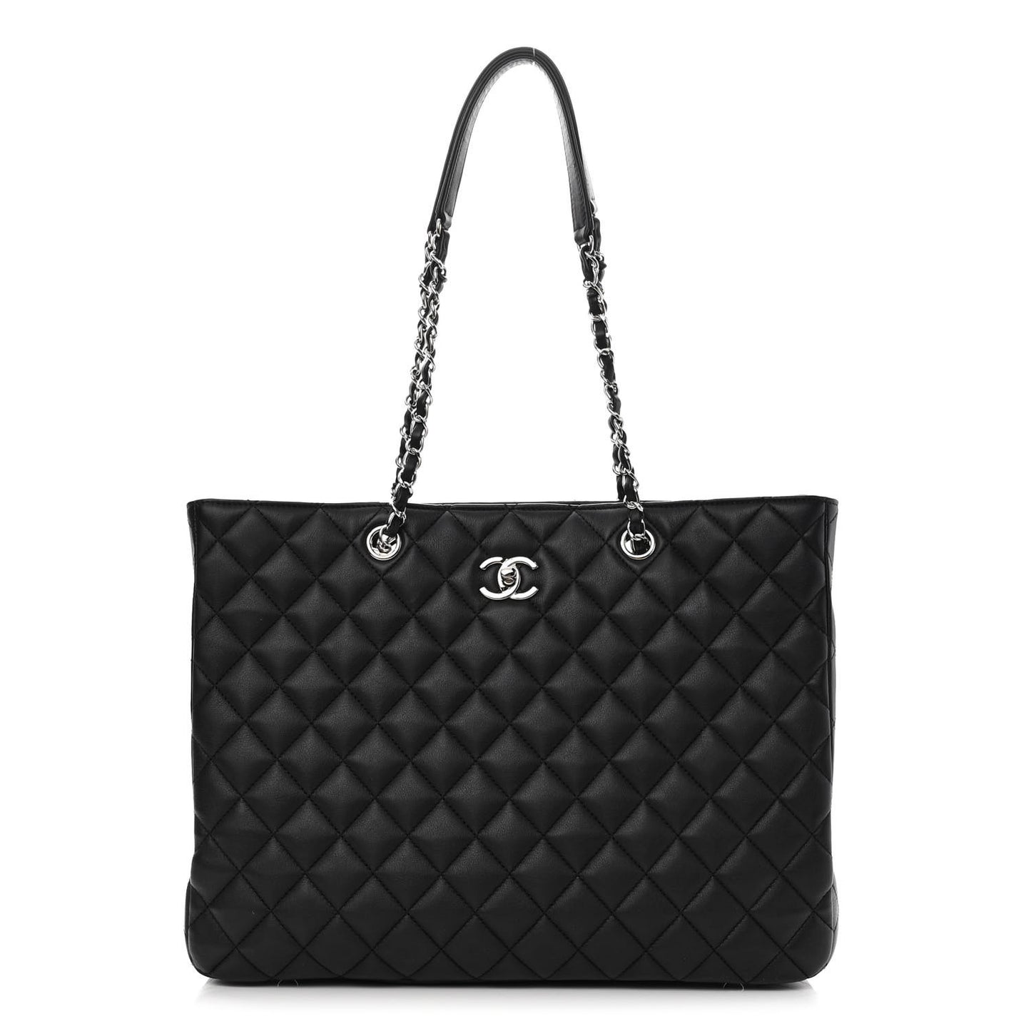 Calfskin Quilted Large Classic Shopping Tote Black