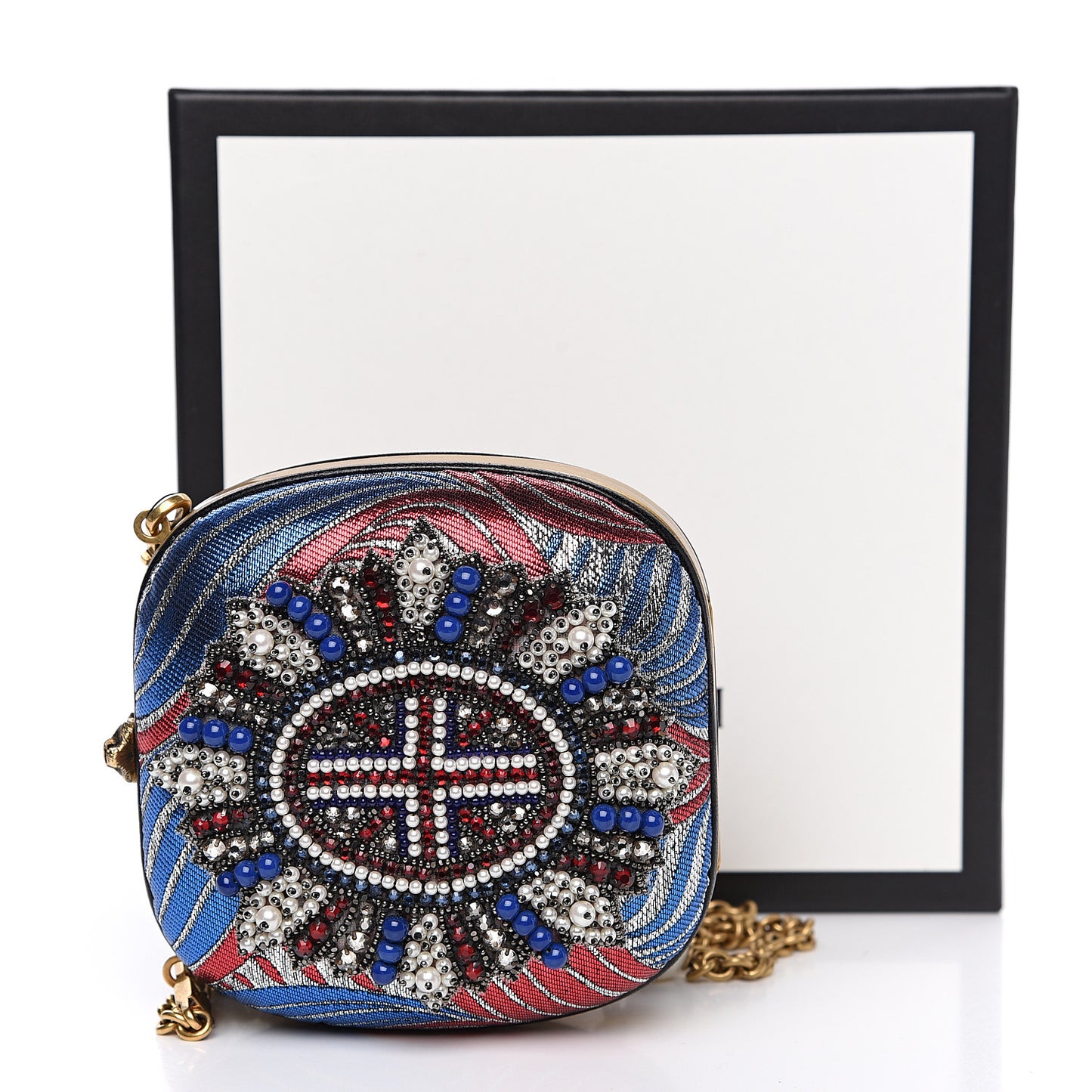Brocade Pearl Beaded Sandy Flow Chain Clutch Multicolor