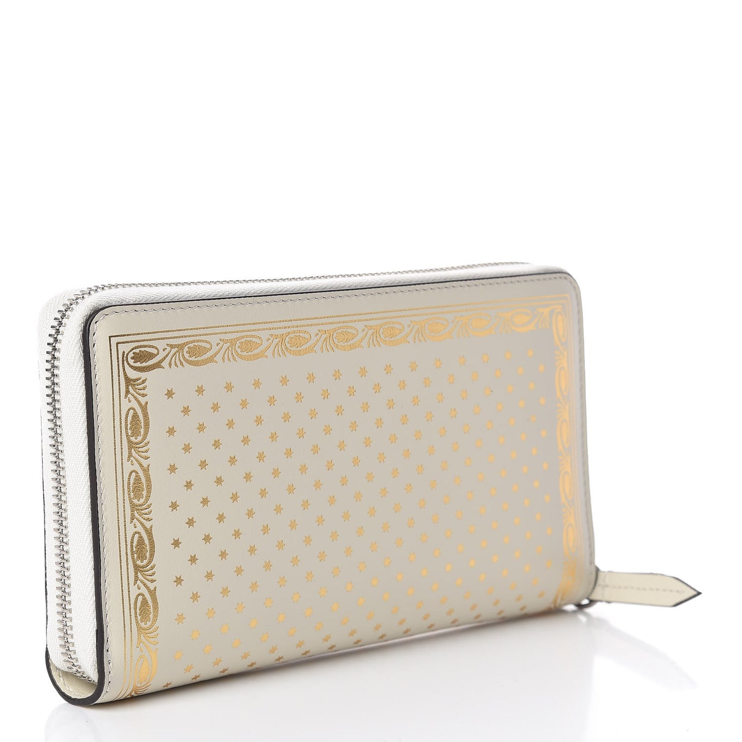 X SEGA Calfskin GUCCY Stars Zip Around Wallet Mystic White Gold