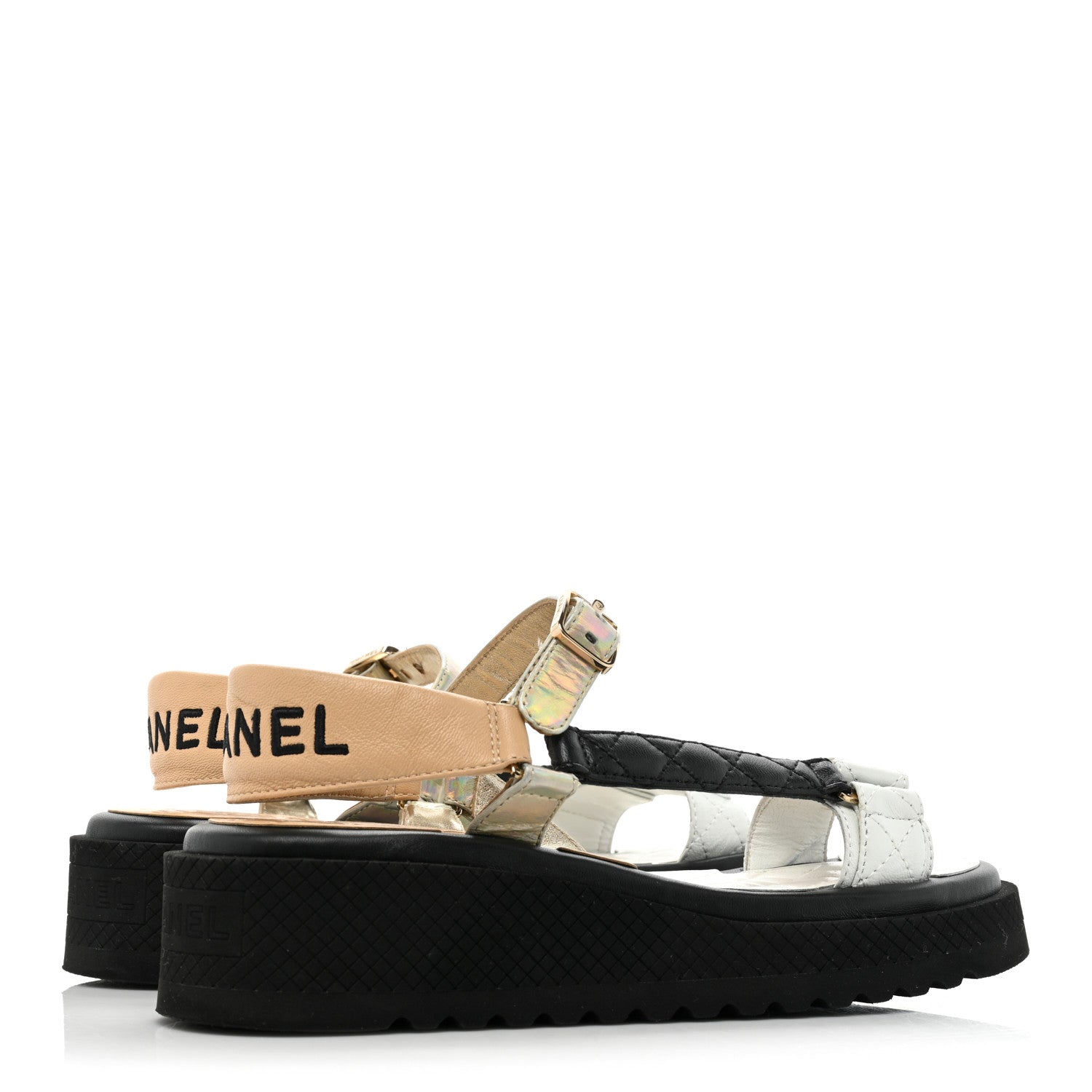 Chanel Lambskin Logo Platform Sandals 38.5 Beige Gold White 5 of 11