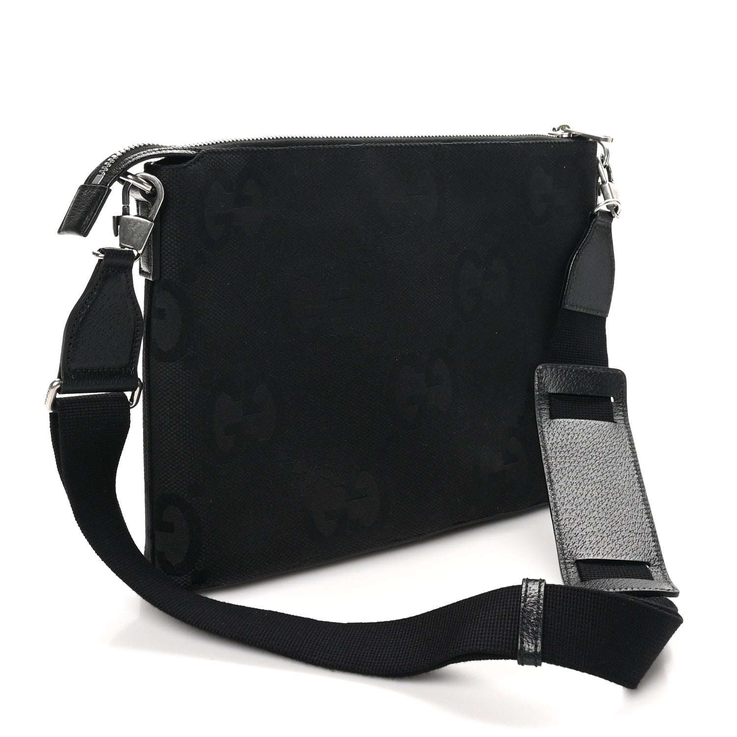 Gucci Monogram Jumbo GG Textured Dollar Calfskin Wristlet Messenger Bag Black 2 of 9