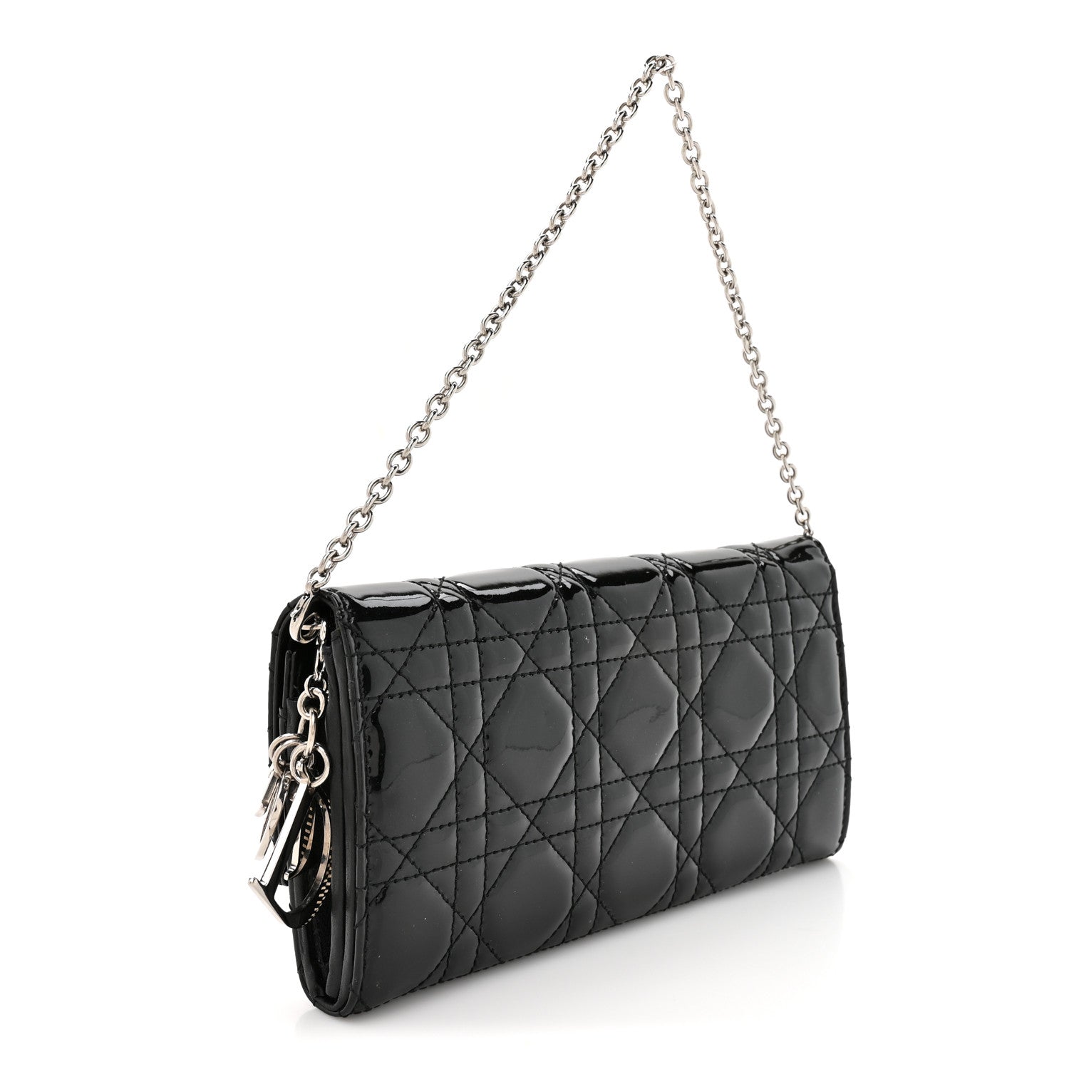 Christian Dior Patent Lambskin Cannage Lady Dior Rendezvous Wallet On Chain Black 3 of 12
