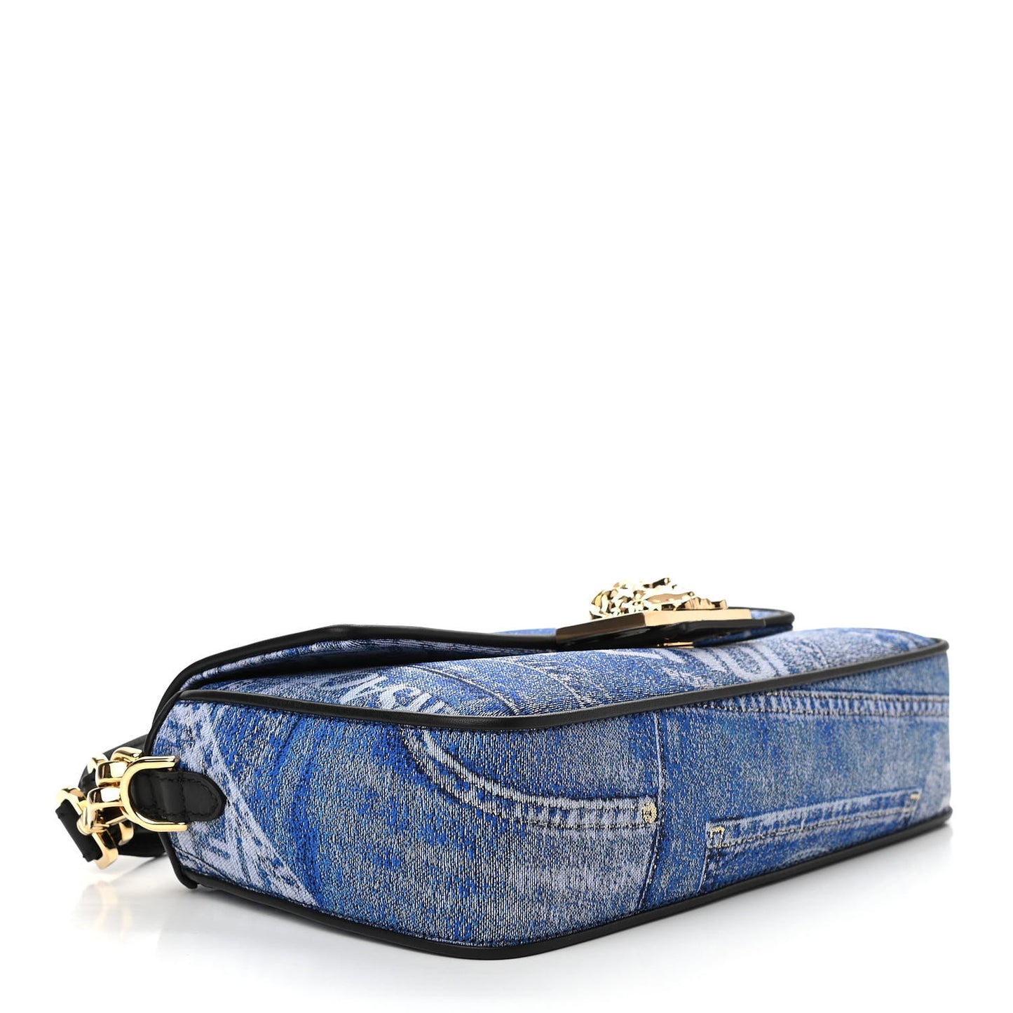 X FENDI Fabric Calfskin Medusa Denim Patchwork Print Baguette Blue Black Gold