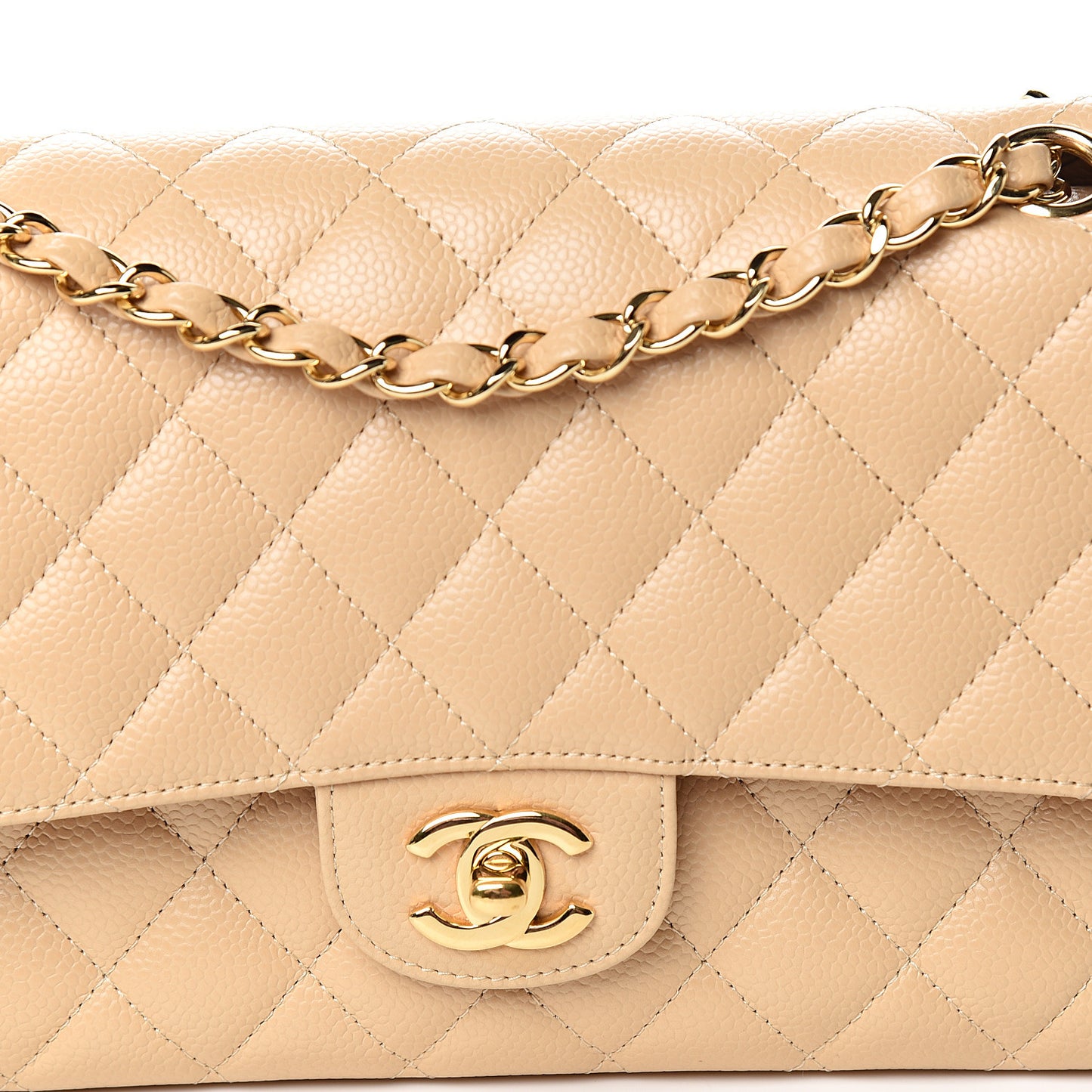 Caviar Quilted Medium Double Flap Beige