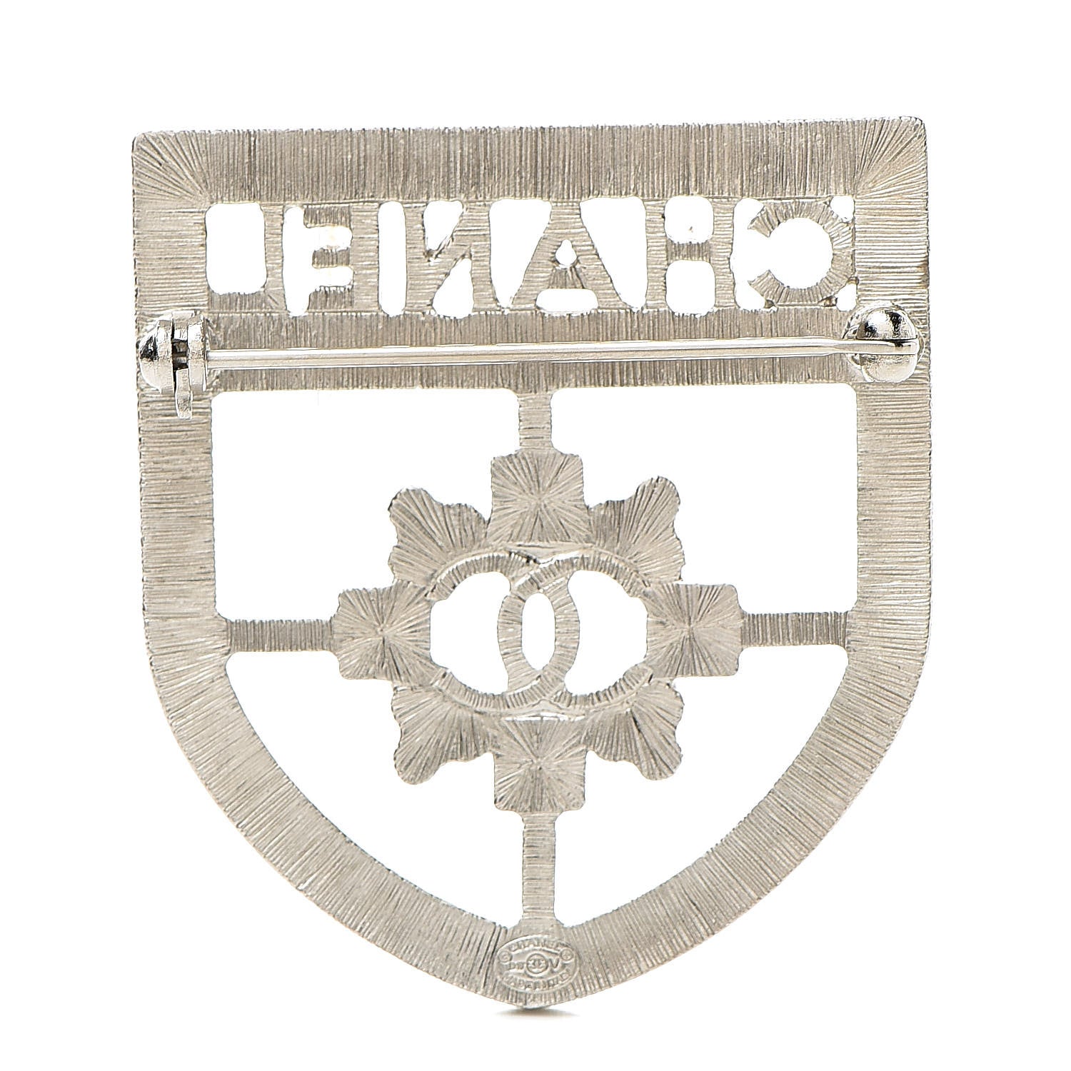 Chanel Swarovski Baguette Crystal CC Shield Brooch Silver 3 of 5