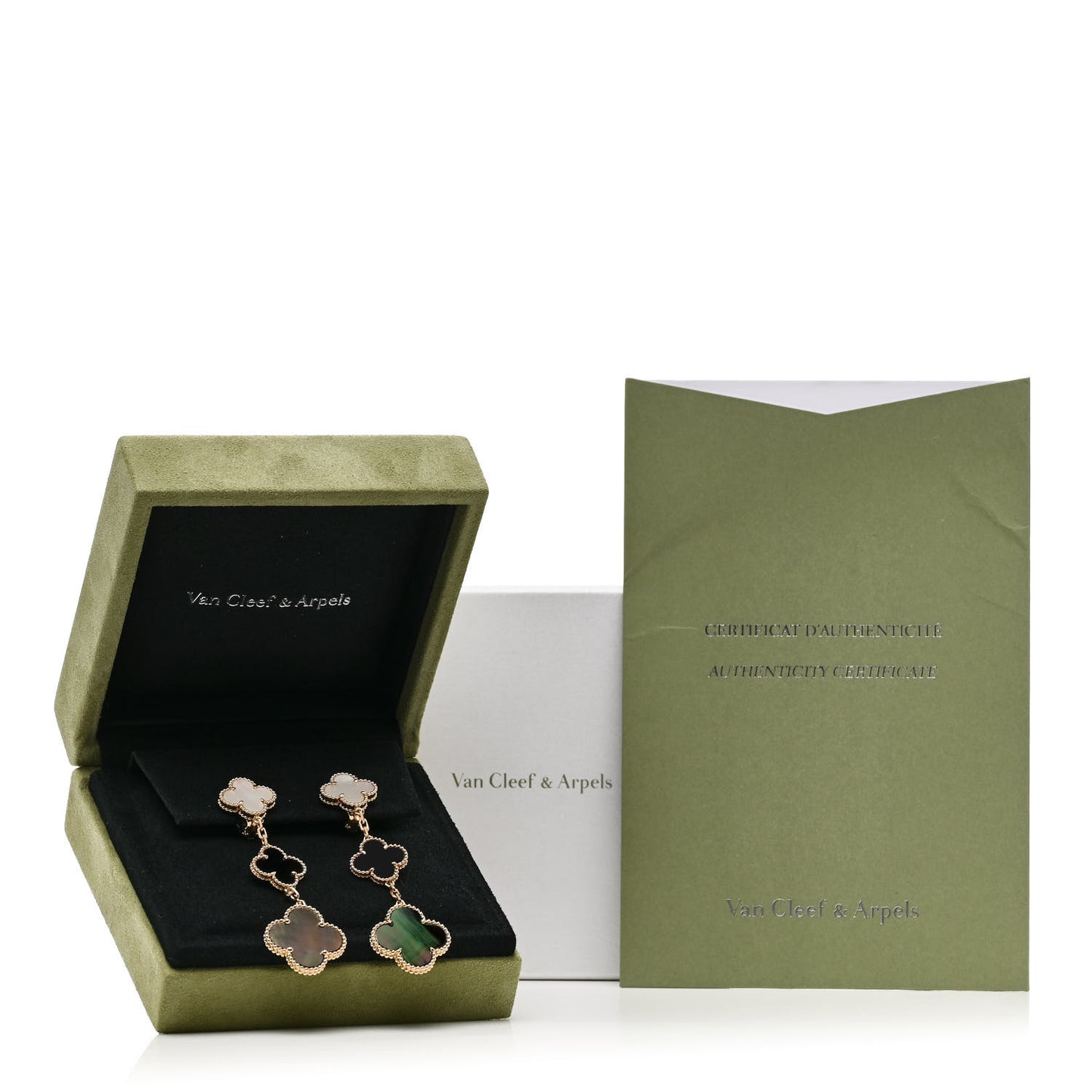 18K Yellow Gold Mother of Pearl Black Onyx 3 Motifs Magic Alhambra Earrings