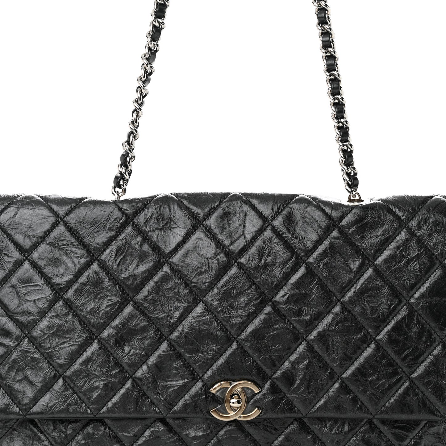 Metallic Crumpled Calfskin Big Bang Large Flap Bag Black