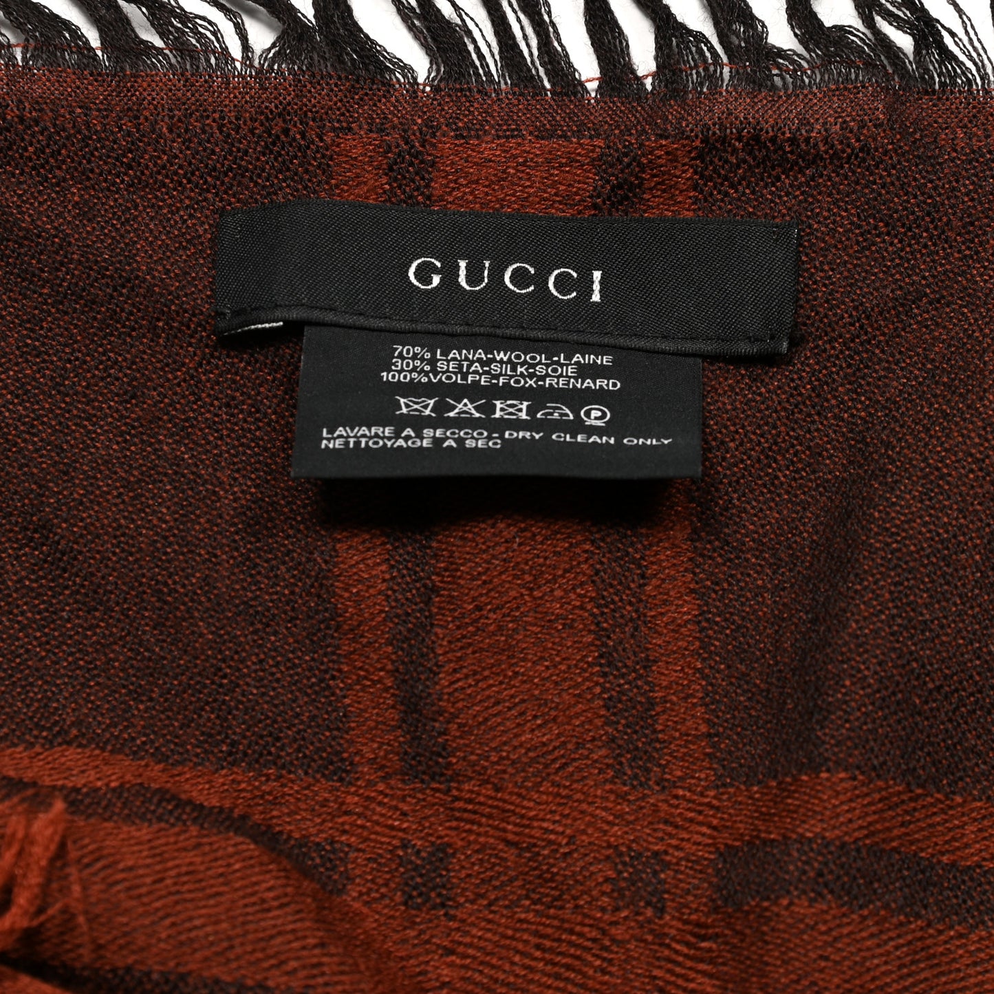 Wool Silk Fox Fur Monogram Shawl Scarf Orange Brown