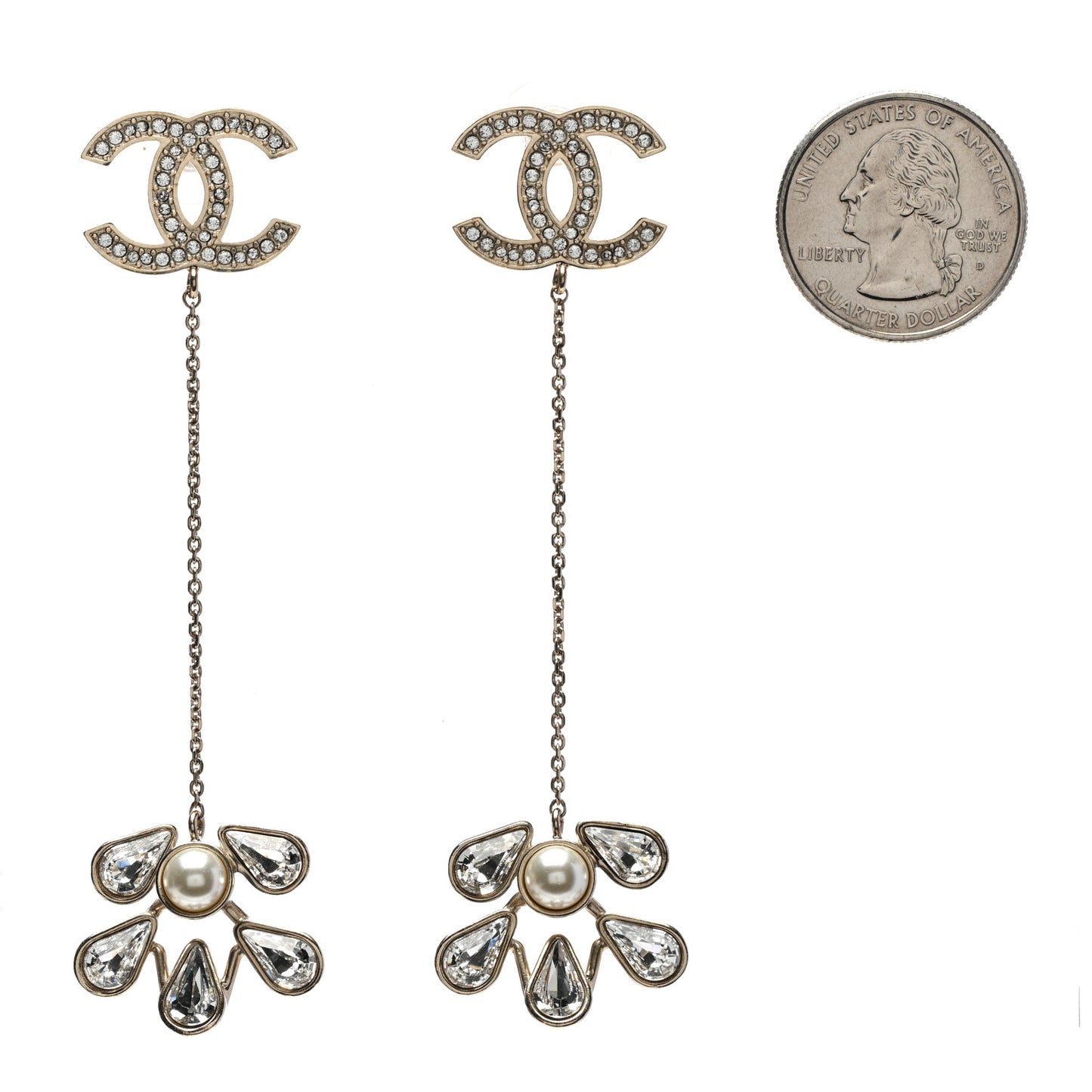 Pearl Crystal CC Drop Earrings Light Gold