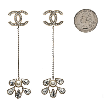 Chanel Pearl Crystal CC Drop Earrings Light Gold 2 of 5