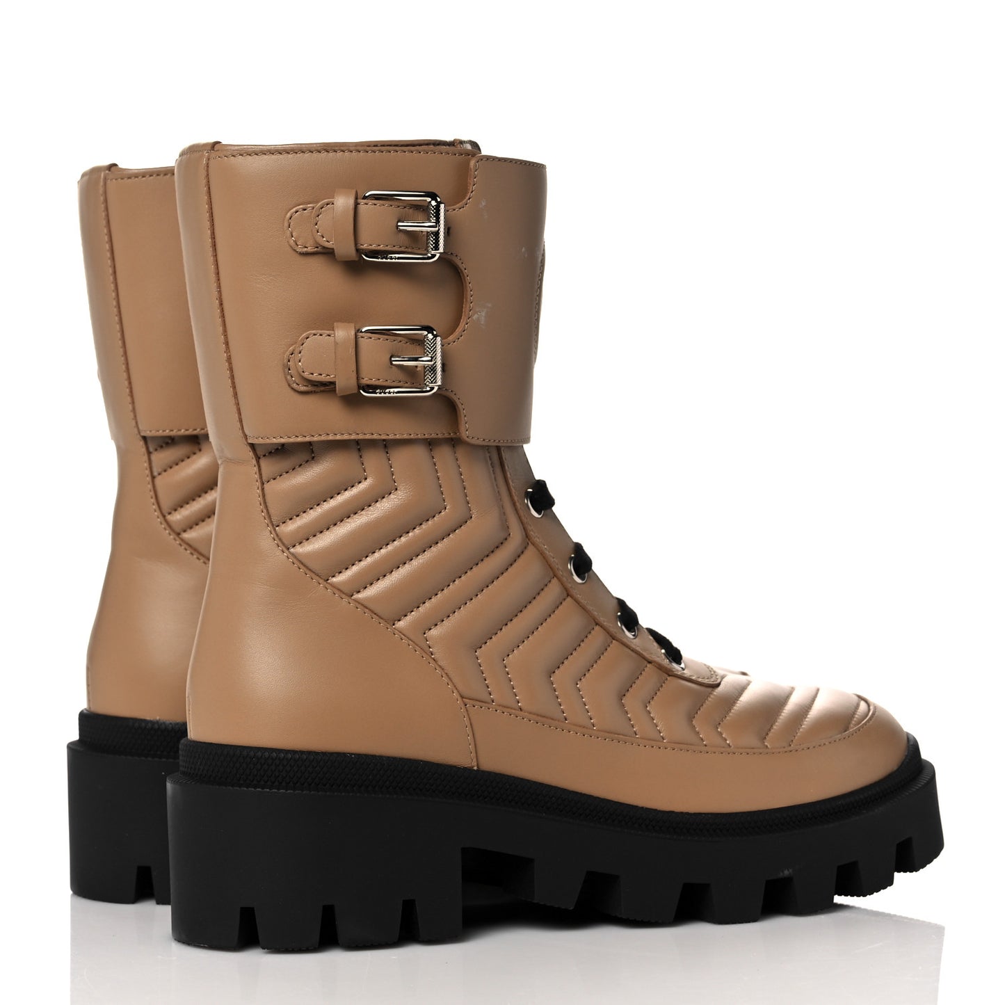 Nappa Frances GG Matelasse Platform Combat Boots 37 Natural Tan