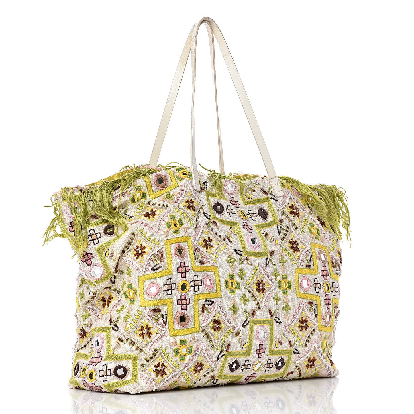 Fabric Mirror Beaded Embroidered Fringe Tote Multicolor