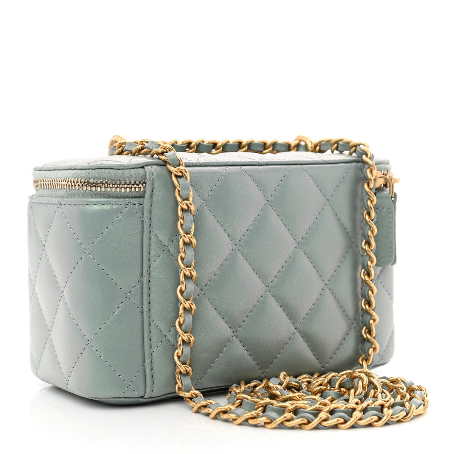 Metallic Lambskin Quilted Small CC Dynasty Vanity Case With Chain Grey