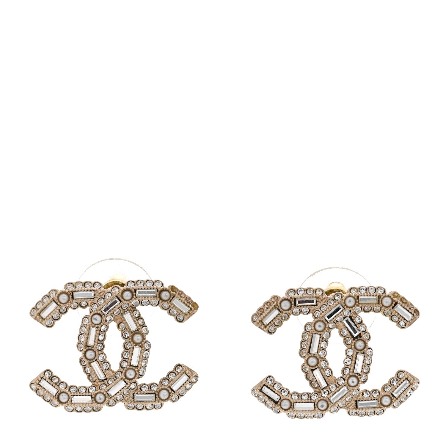 Chanel Crystal Baguette Pearl CC Earrings Gold Pearly White 1 of 7