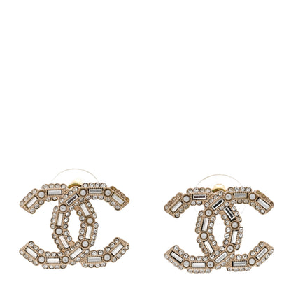 Chanel Crystal Baguette Pearl CC Earrings Gold Pearly White 1 of 7