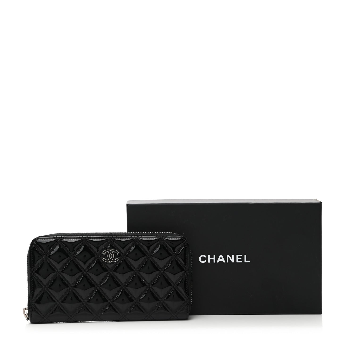 Patent Quilted Large Gusset Zip Around Wallet Black