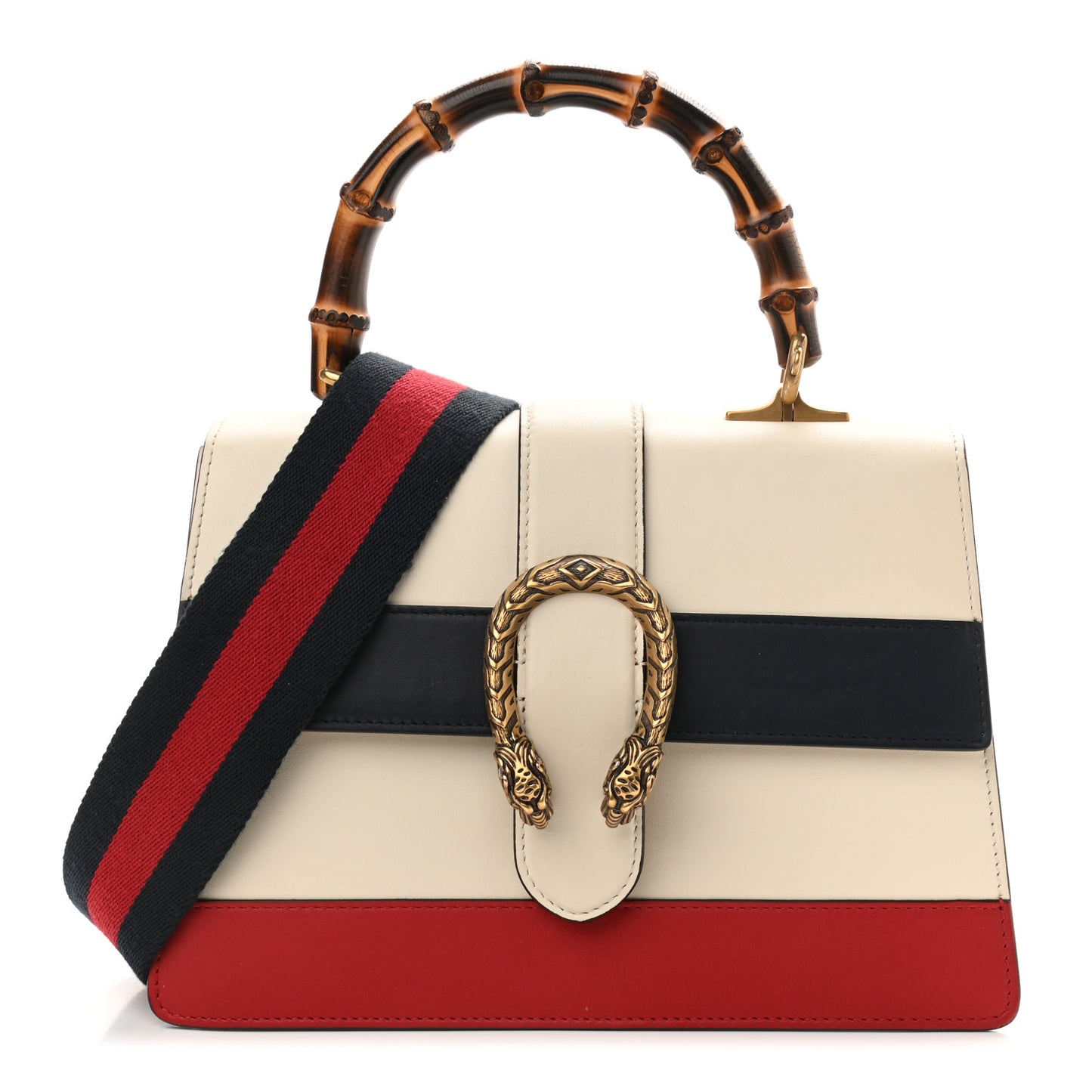 Calfskin Bamboo Web Medium Dionysus Top Handle Bag White Blue Hibiscus Red