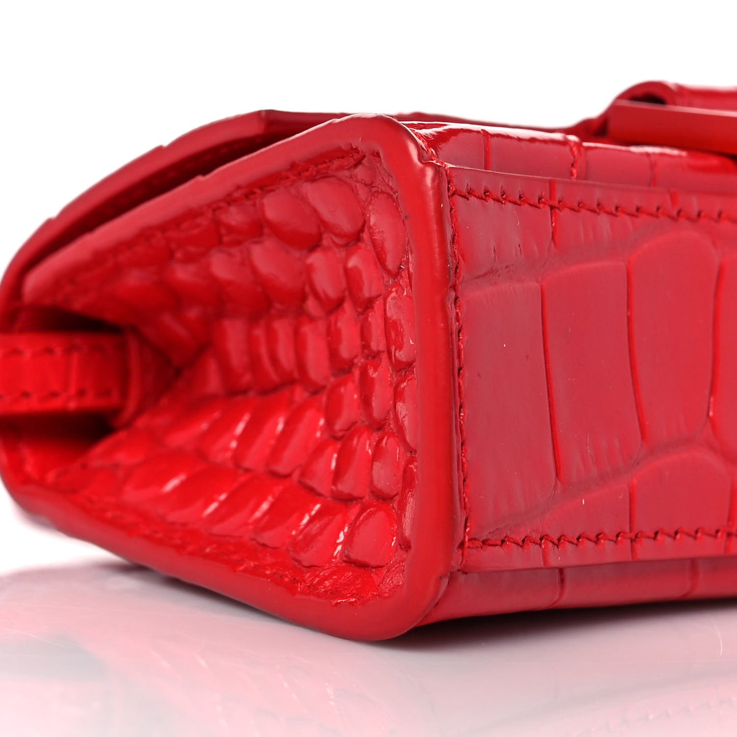 Shiny Calfskin Tonal B Crocodile Embossed Hourglass Top Handle Bag Mini Bright Red