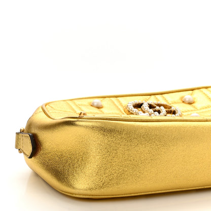 Gucci Metallic Calfskin Matelasse Studded Small Pearly GG Marmont Chain Shoulder Bag Gold 9 of 10