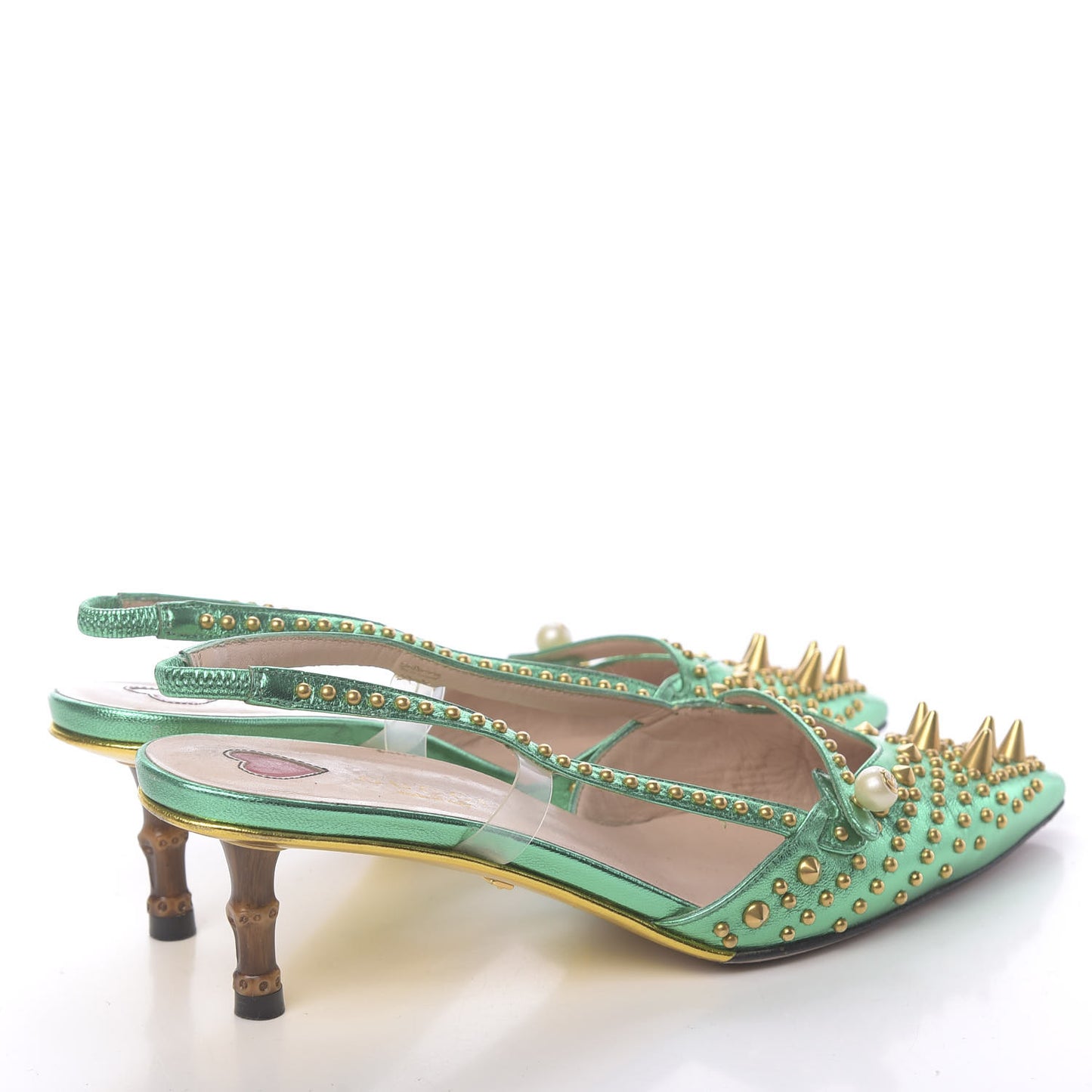 Metallic Calfskin Studded Unia Pointed Toe Low Heel Slingback Pumps 35.5 Green