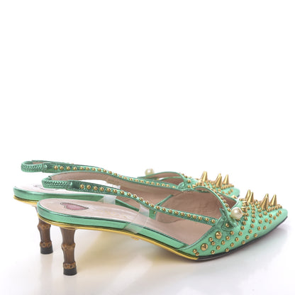 Gucci Metallic Calfskin Studded Unia Pointed Toe Low Heel Slingback Pumps 35.5 Green 4 of 12